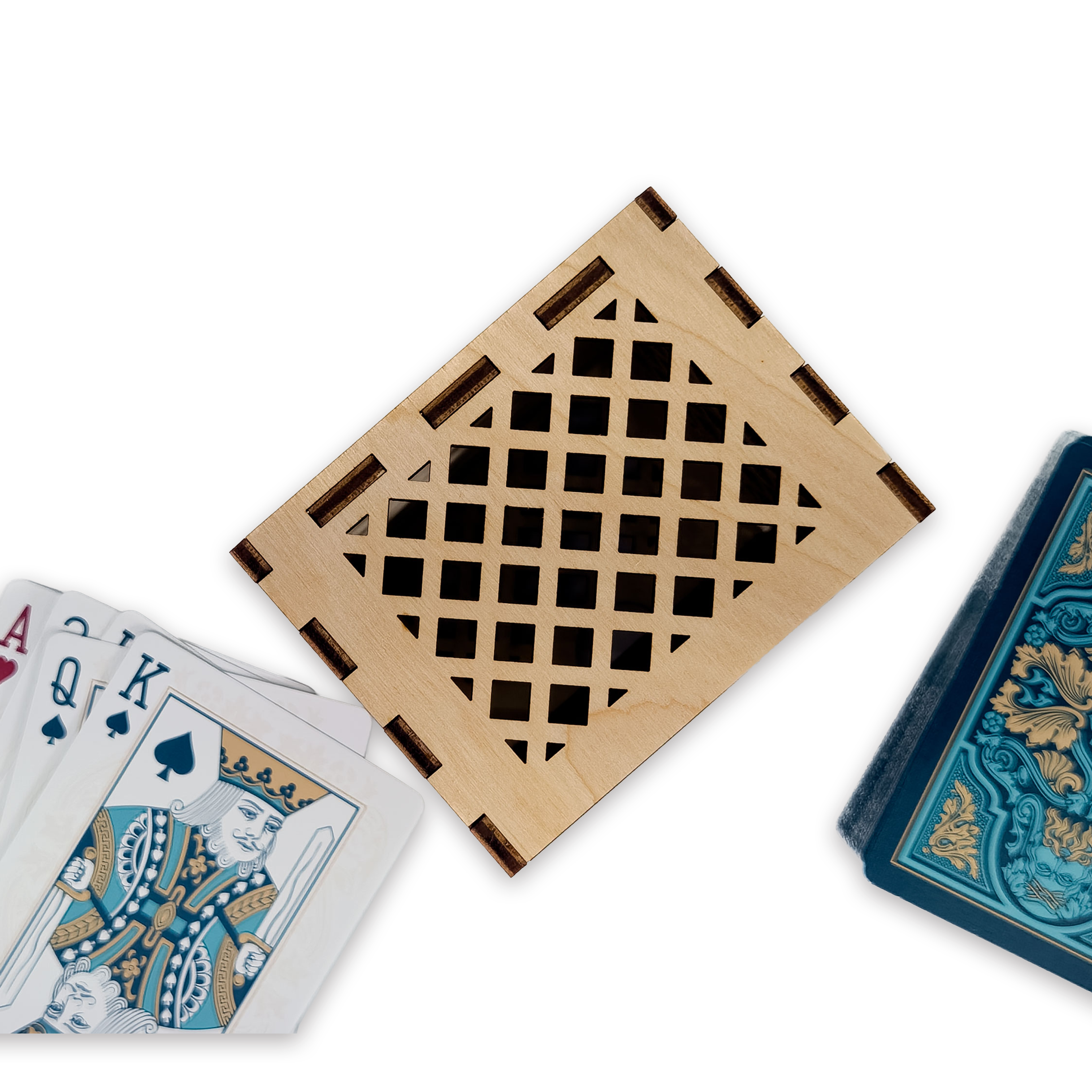 Laser-cut jack of hearts poker card box, walnut & maple birch plywood