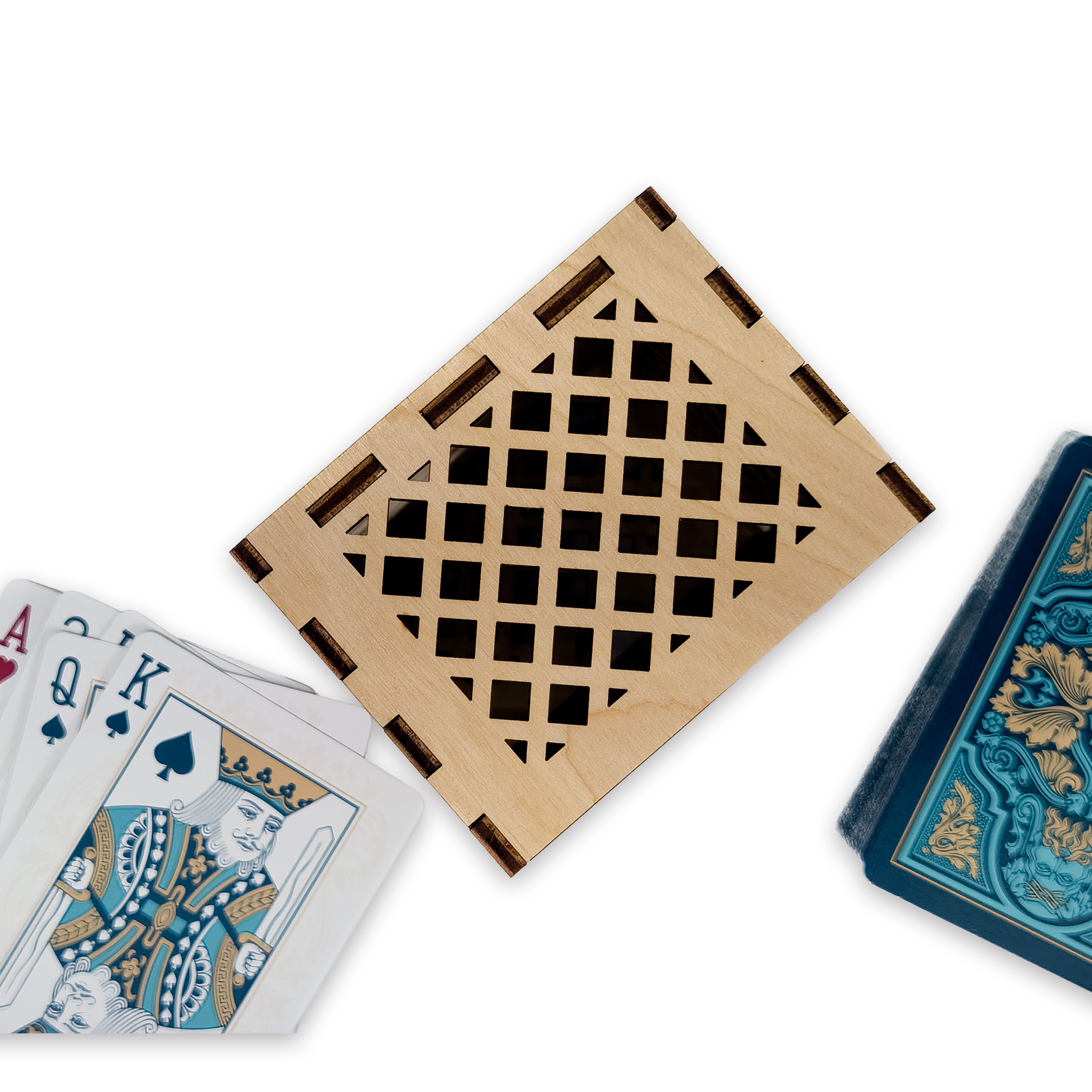 Laser-cut jack of hearts poker card box, walnut & maple birch plywood
