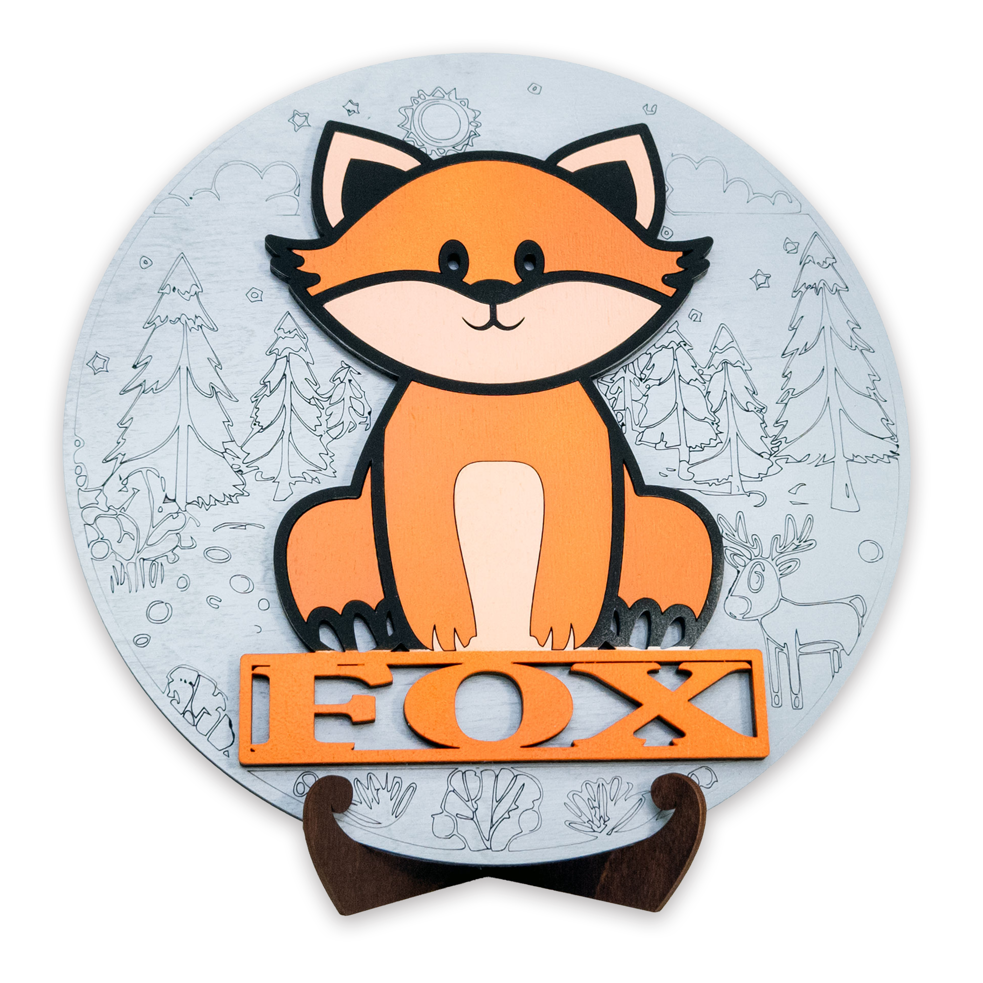 Multilayer 3D laser-cut fox name sign wall art, Baltic Birch Plywood