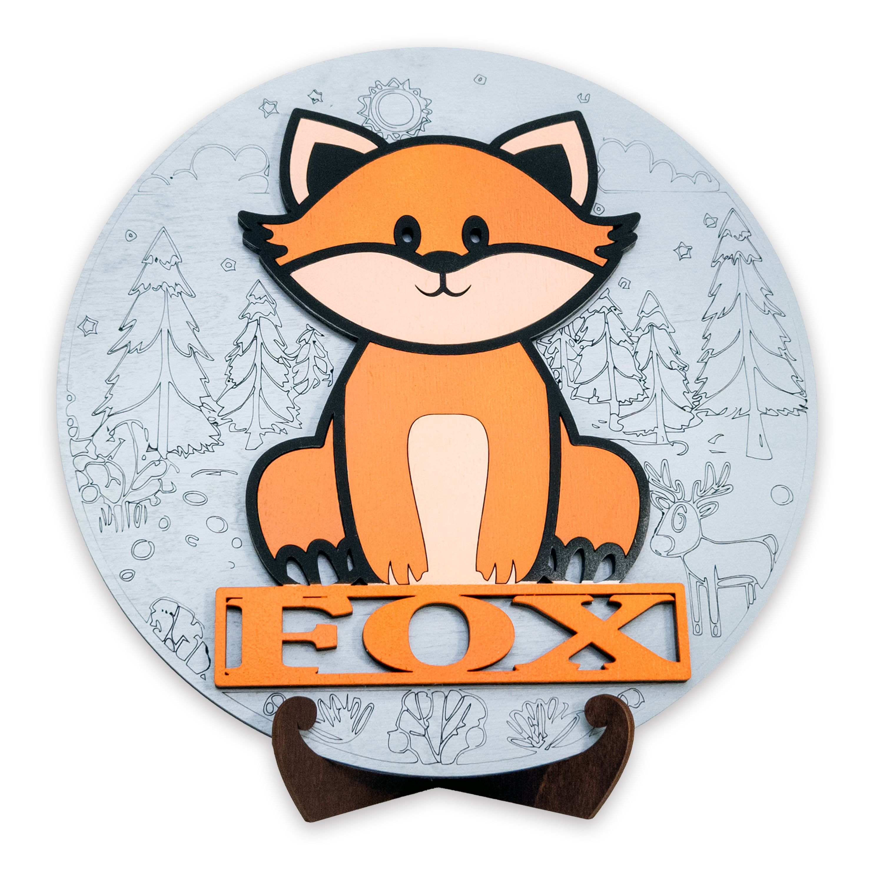 Multilayer 3D laser-cut fox name sign wall art, Baltic Birch Plywood