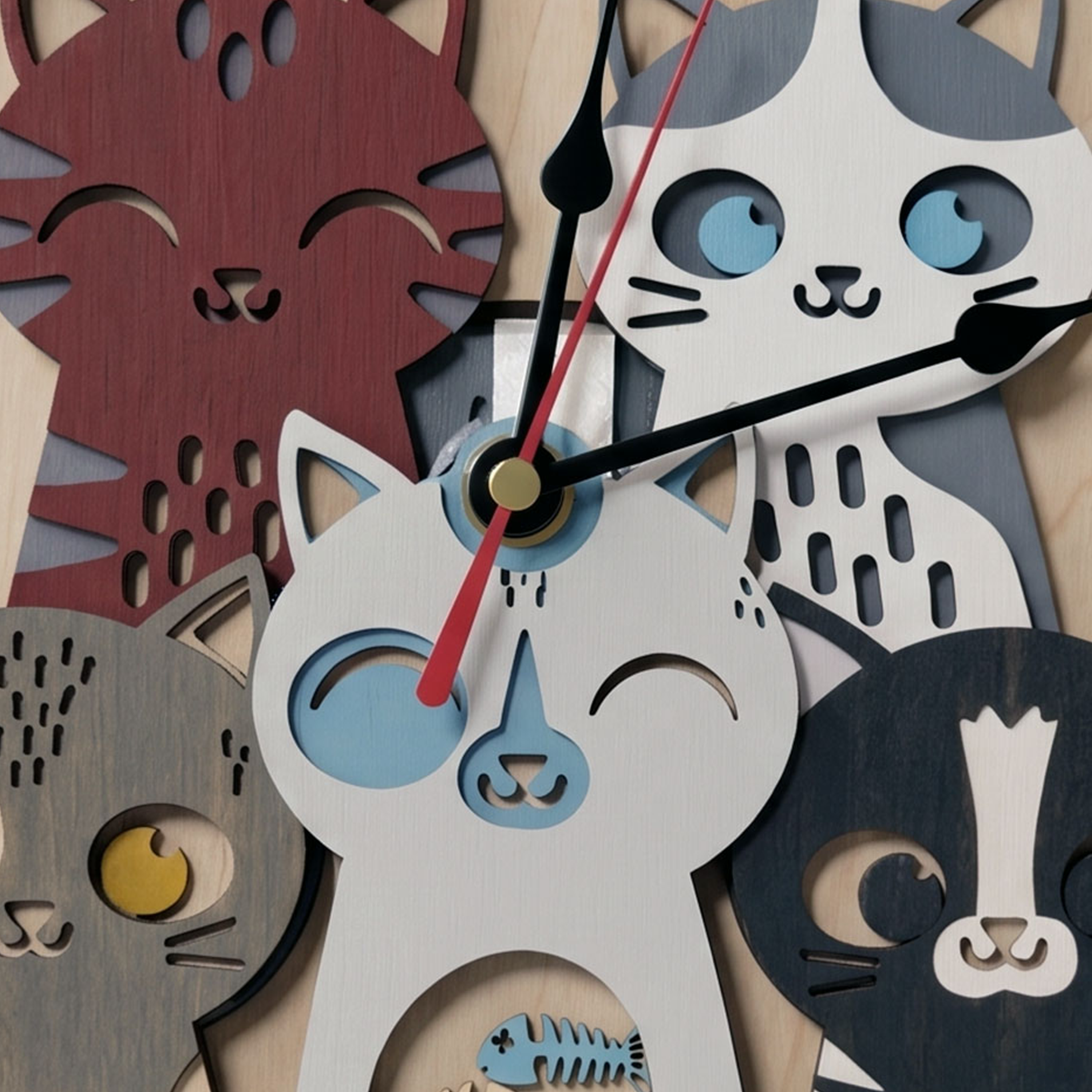 Multilayer 3D laser-cut cat wall clock wall art, Baltic Birch Plywood