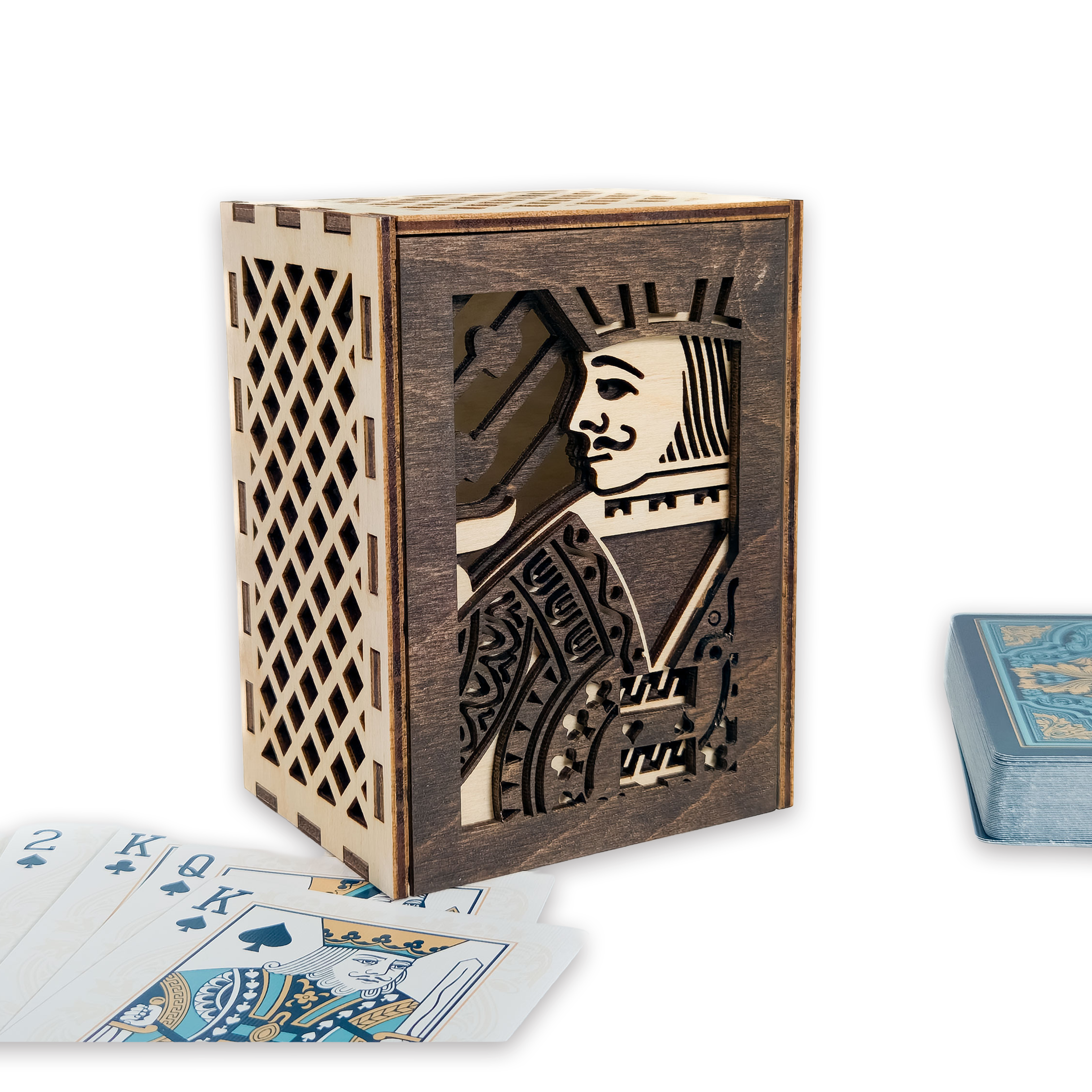 Laser-cut jack of hearts poker card box, walnut & maple birch plywood