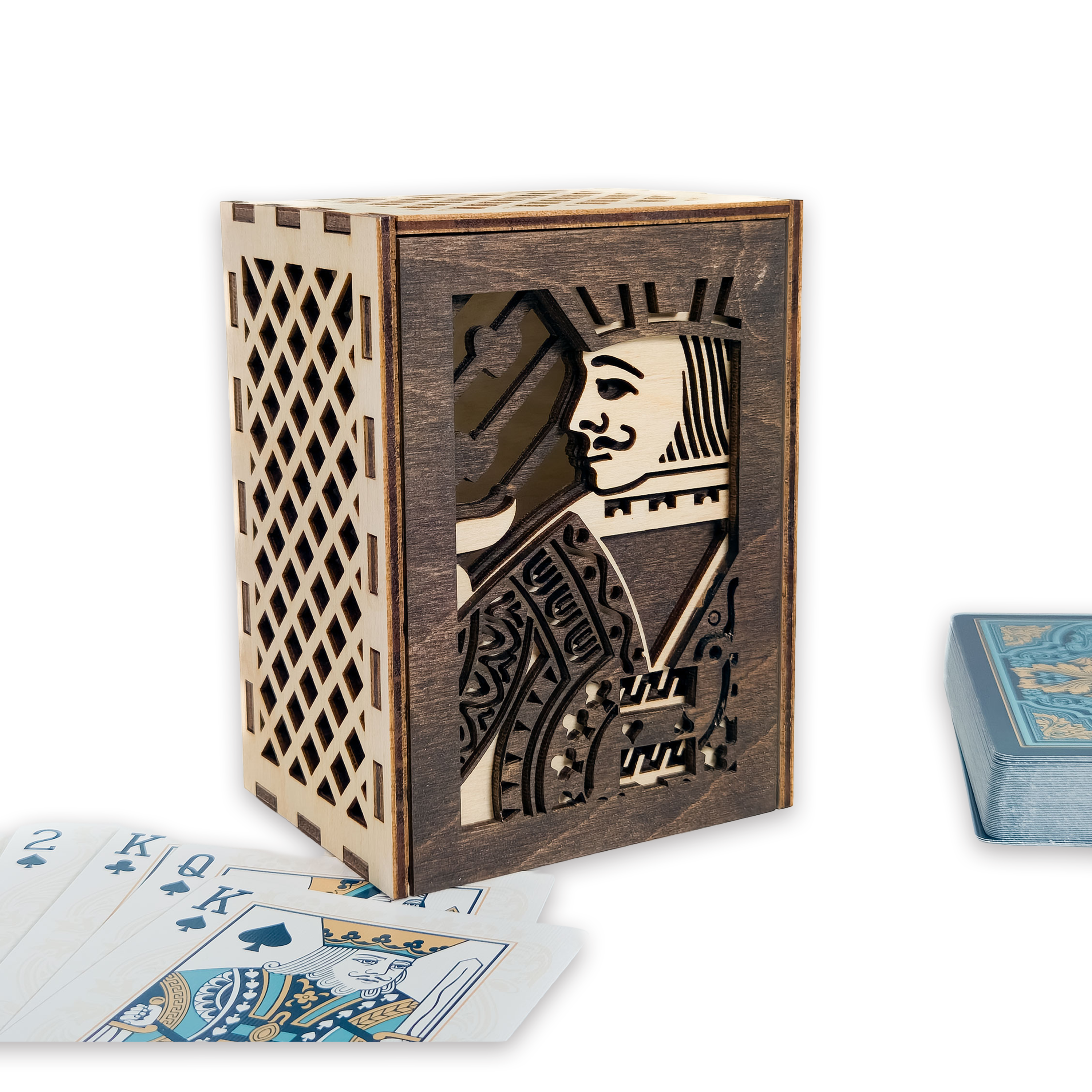Laser-cut jack of hearts poker card box, walnut & maple birch plywood