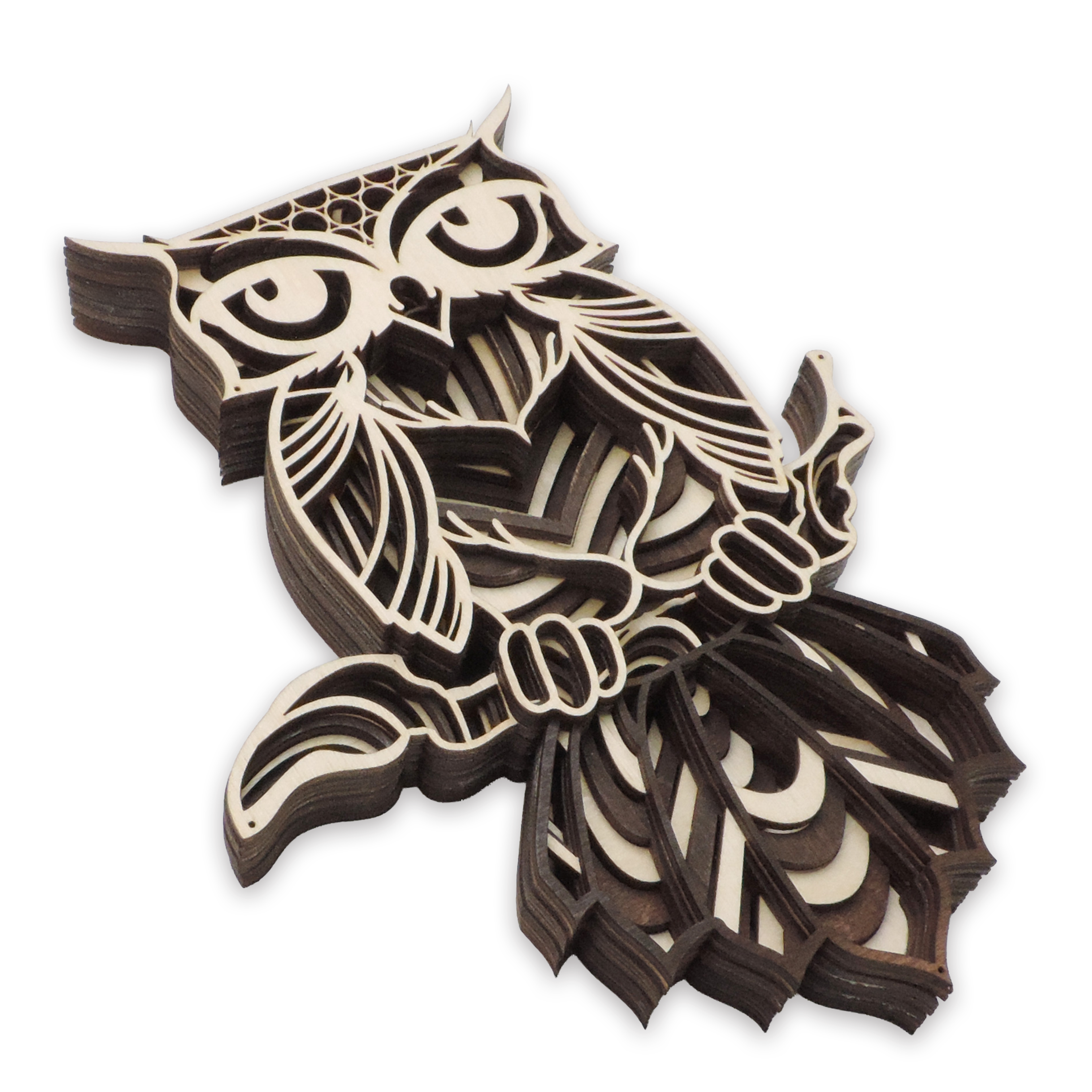 Multilayer 3D laser-cut great horned owl wall art, Baltic Birch Plywood — walnut maple, small (6 × 9 in)
