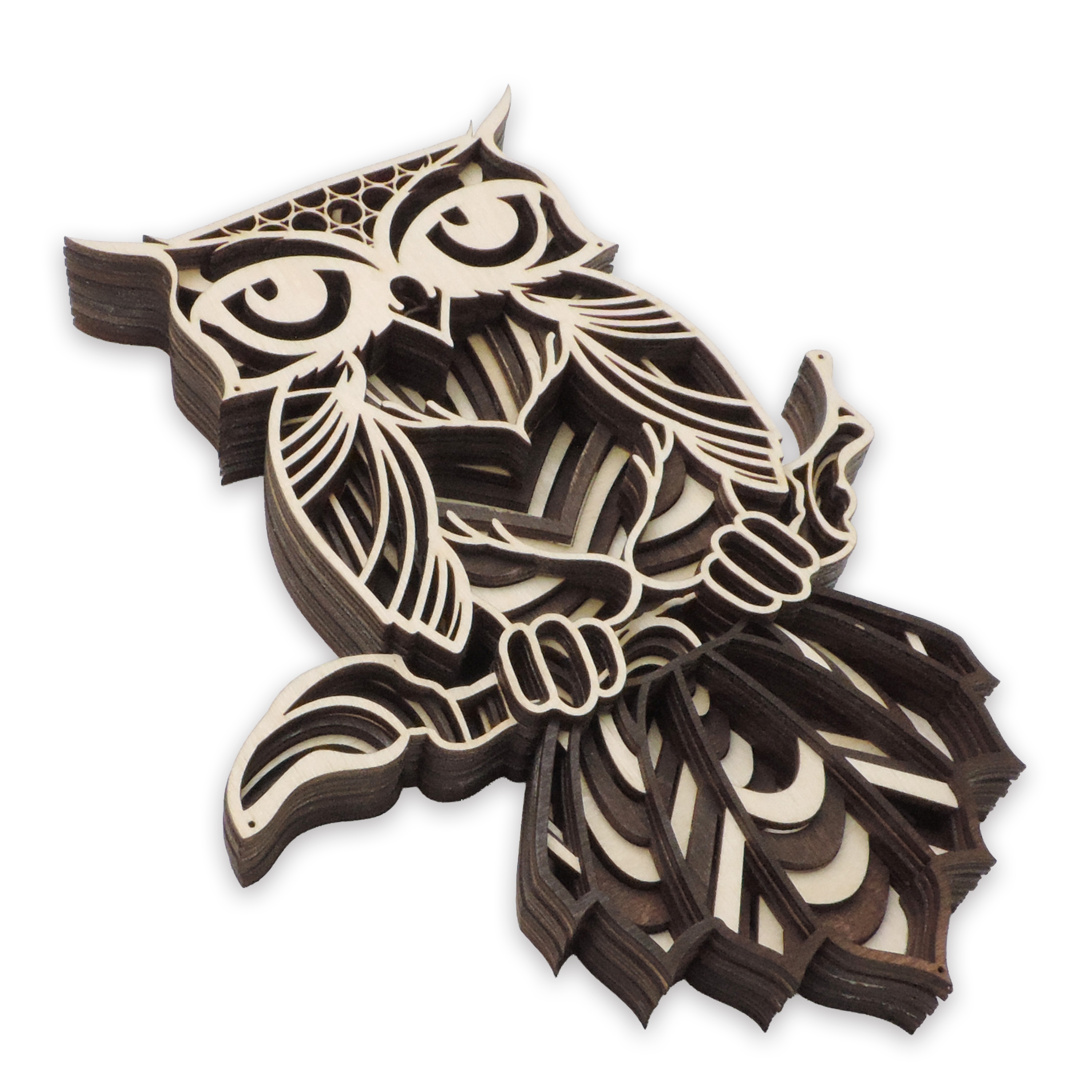 Multilayer 3D laser-cut great horned owl wall art, Baltic Birch Plywood — walnut maple, small (6 × 9 in)