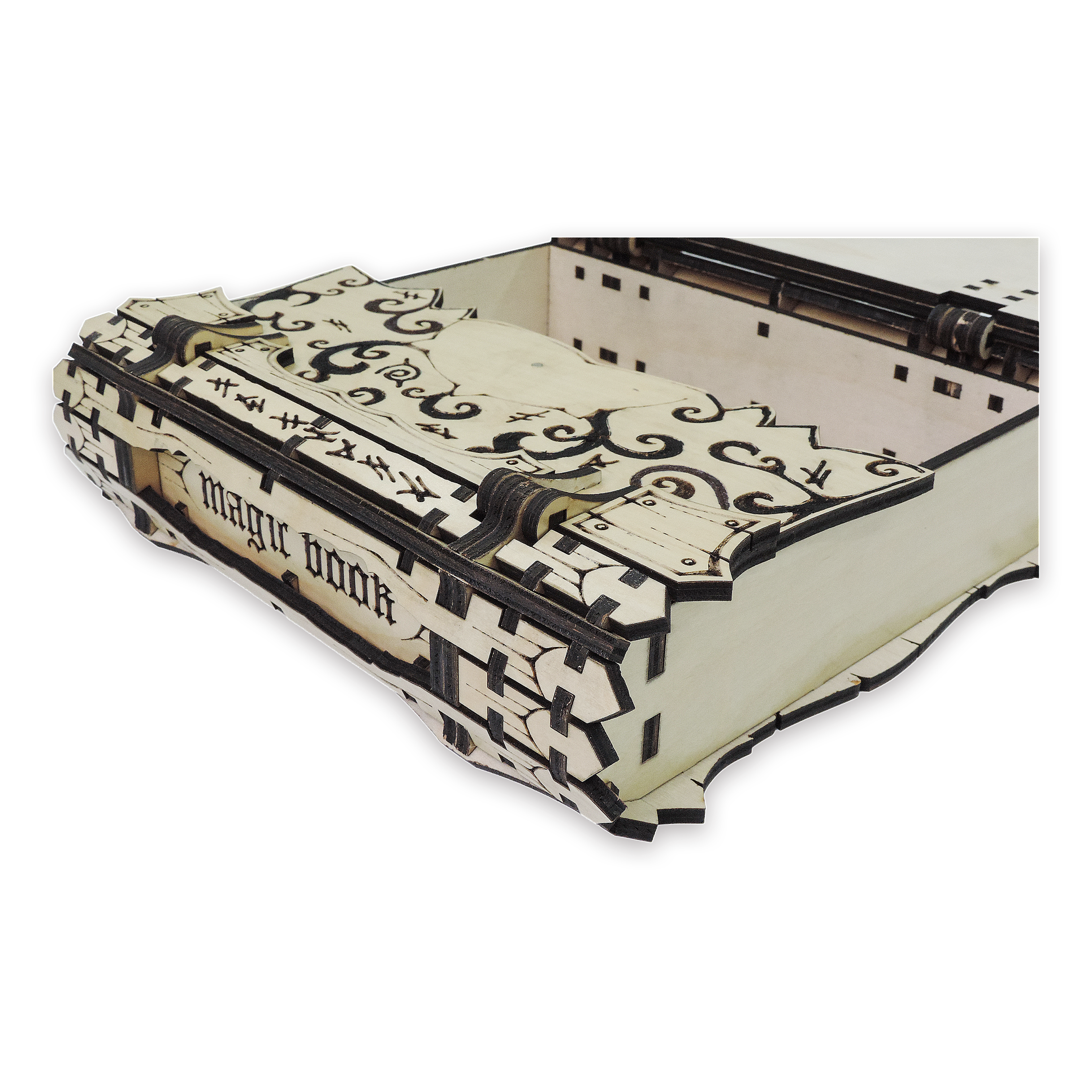 Laser-cut wizard spellbook keepsake box, ¼ in cabinet-grade plywood