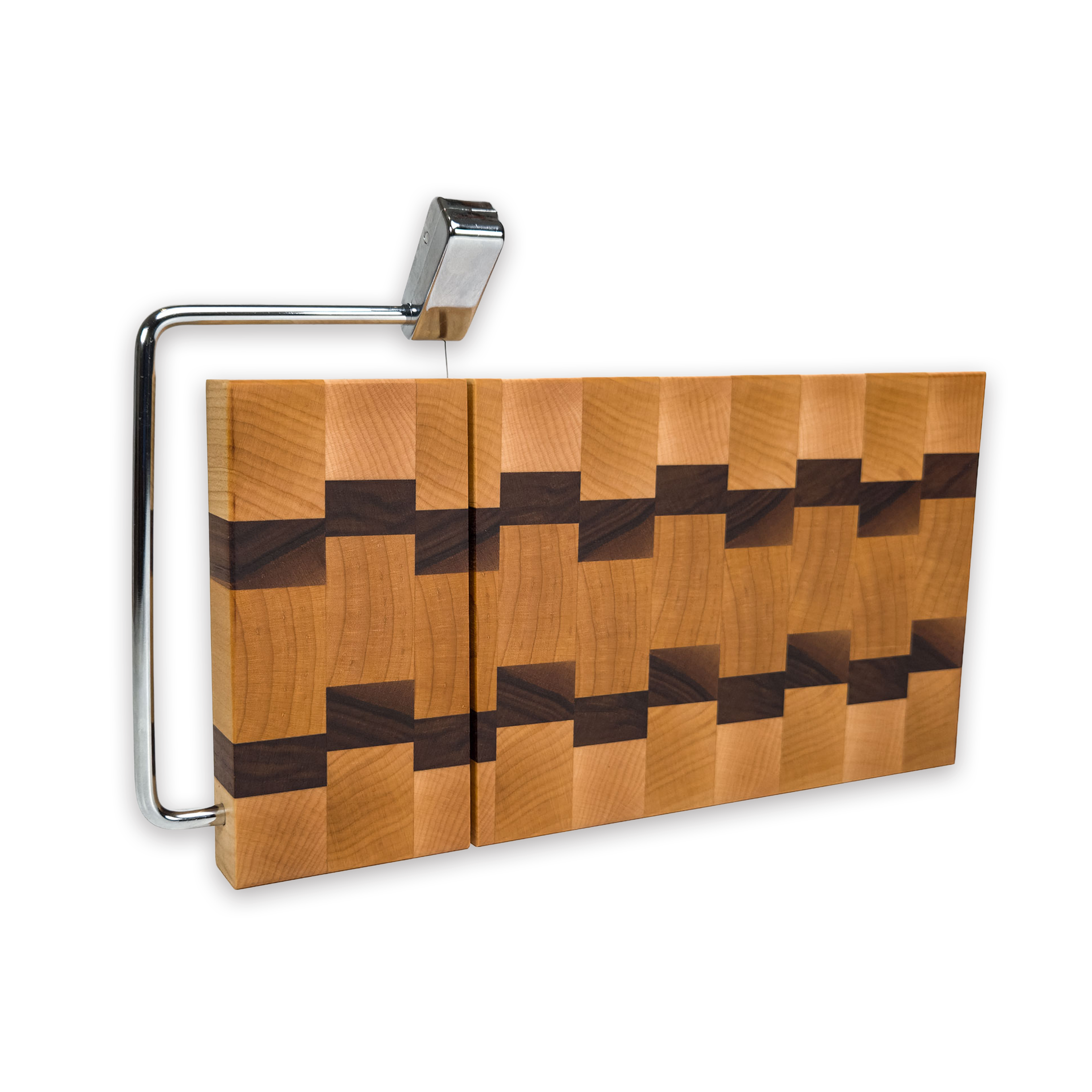 End grain maple & walnut cheese slicer board with wire cutter, oiled hardwood