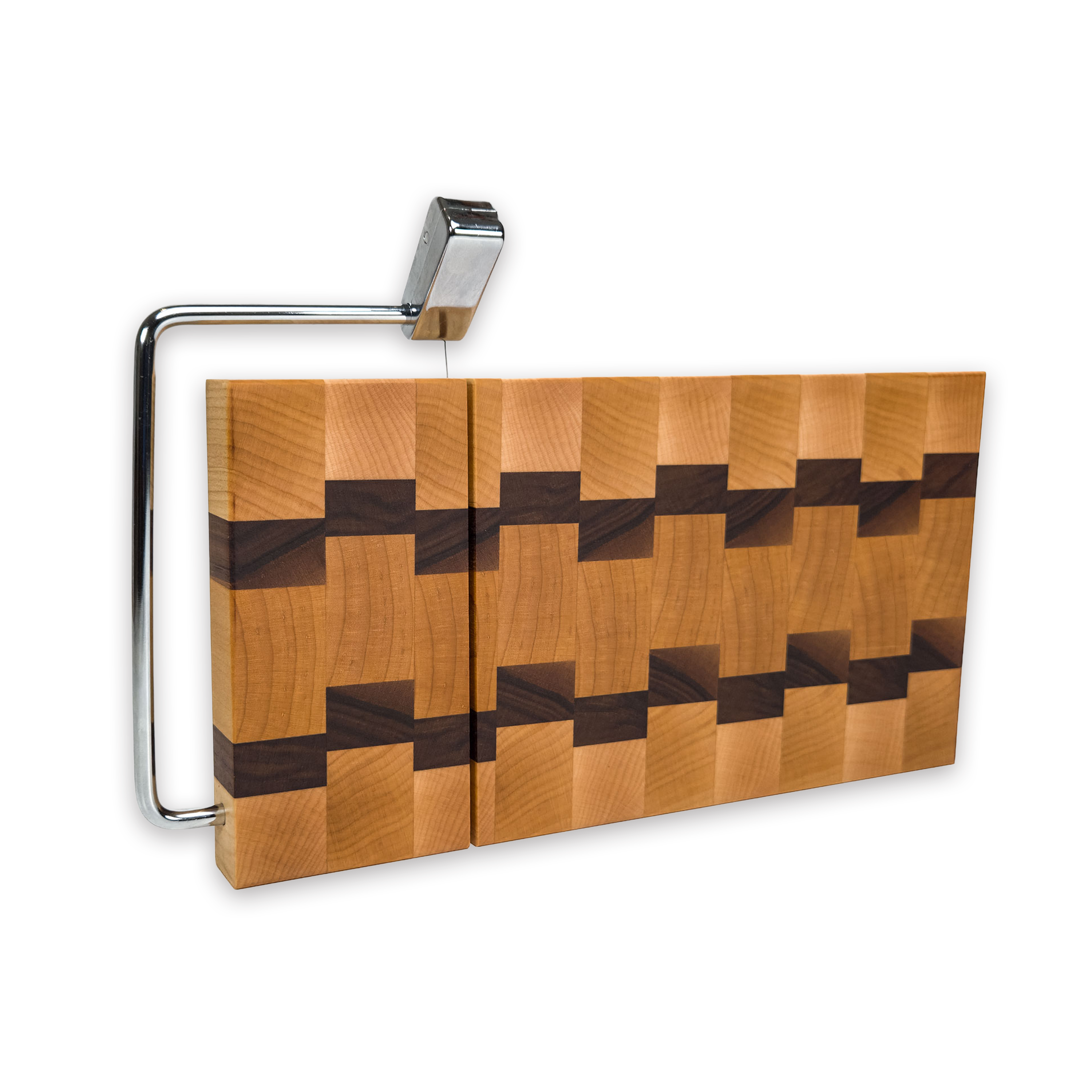 End grain maple & walnut cheese slicer board with wire cutter, oiled hardwood