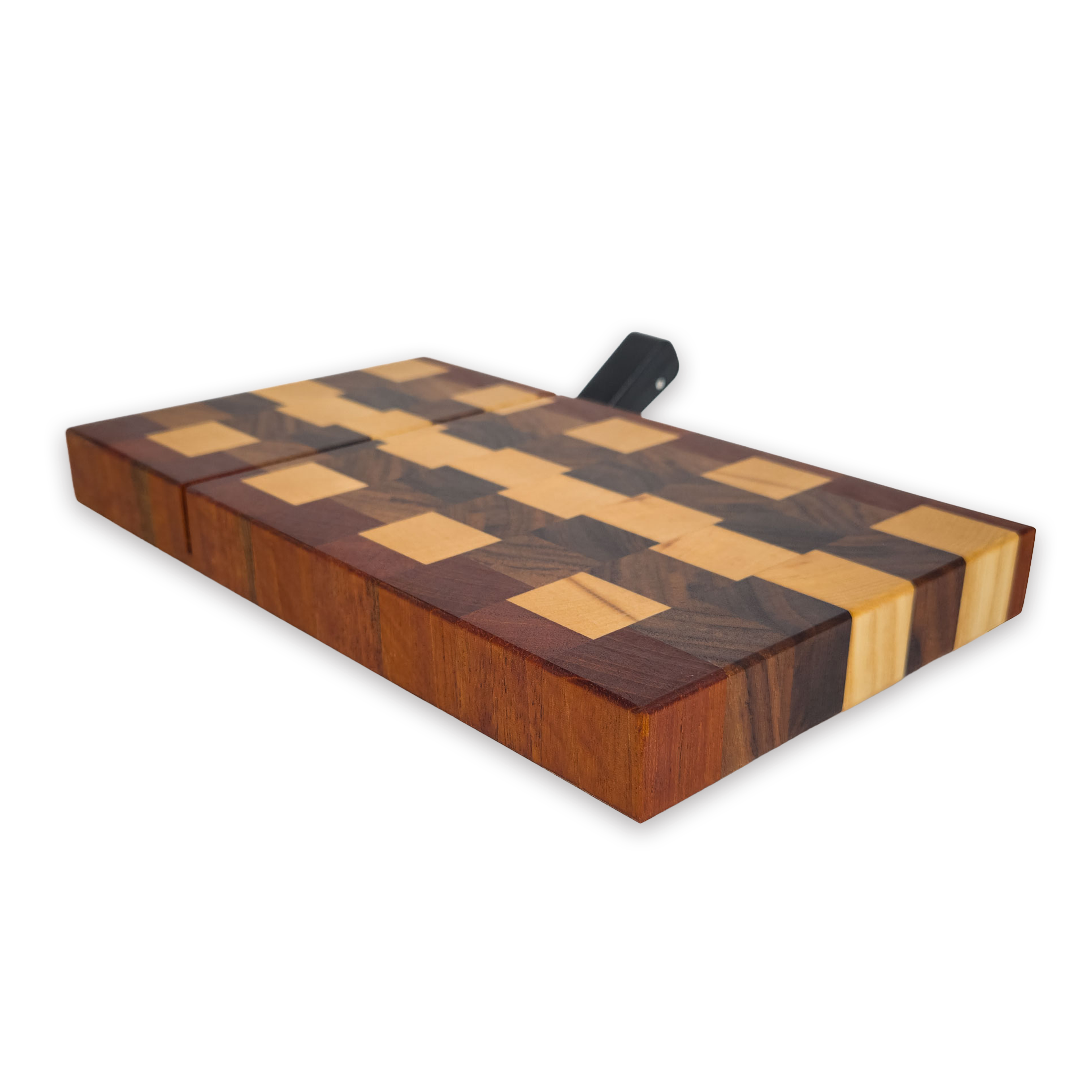 End grain maple, walnut & cherry cheese slicer board with wire cutter, oiled hardwood