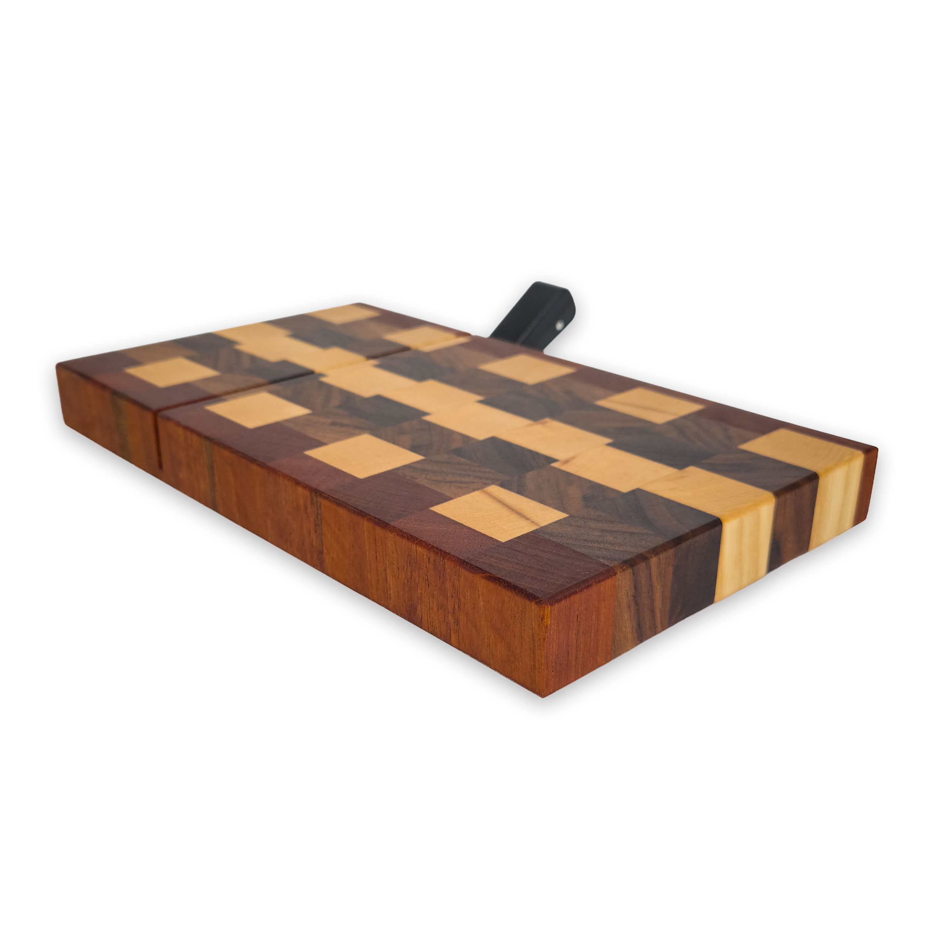 End grain maple, walnut & cherry cheese slicer board with wire cutter, oiled hardwood