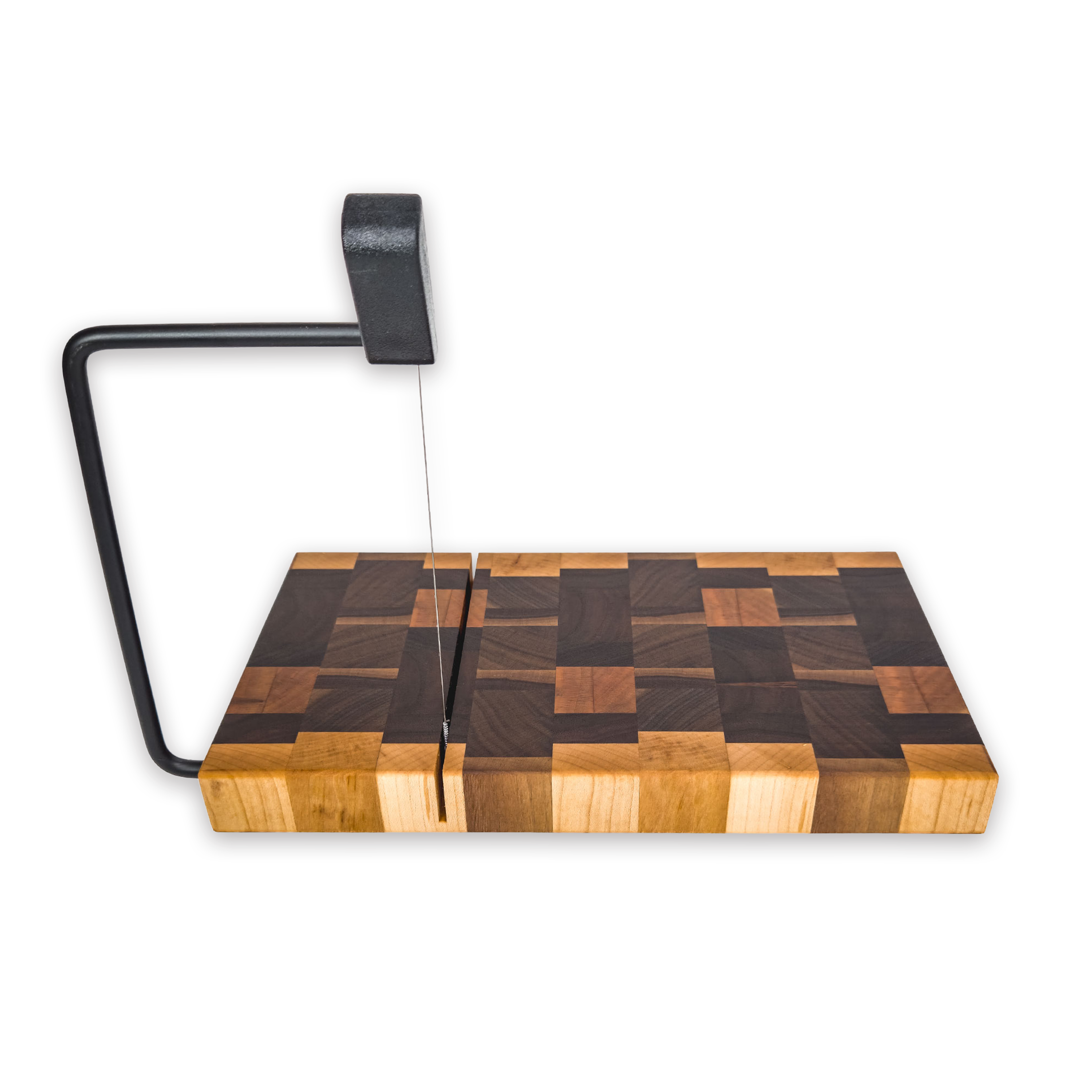 End grain maple, walnut, oak & cherry cheese slicer board with wire cutter, oiled hardwood — large, black (9.75 × 5.75 in)