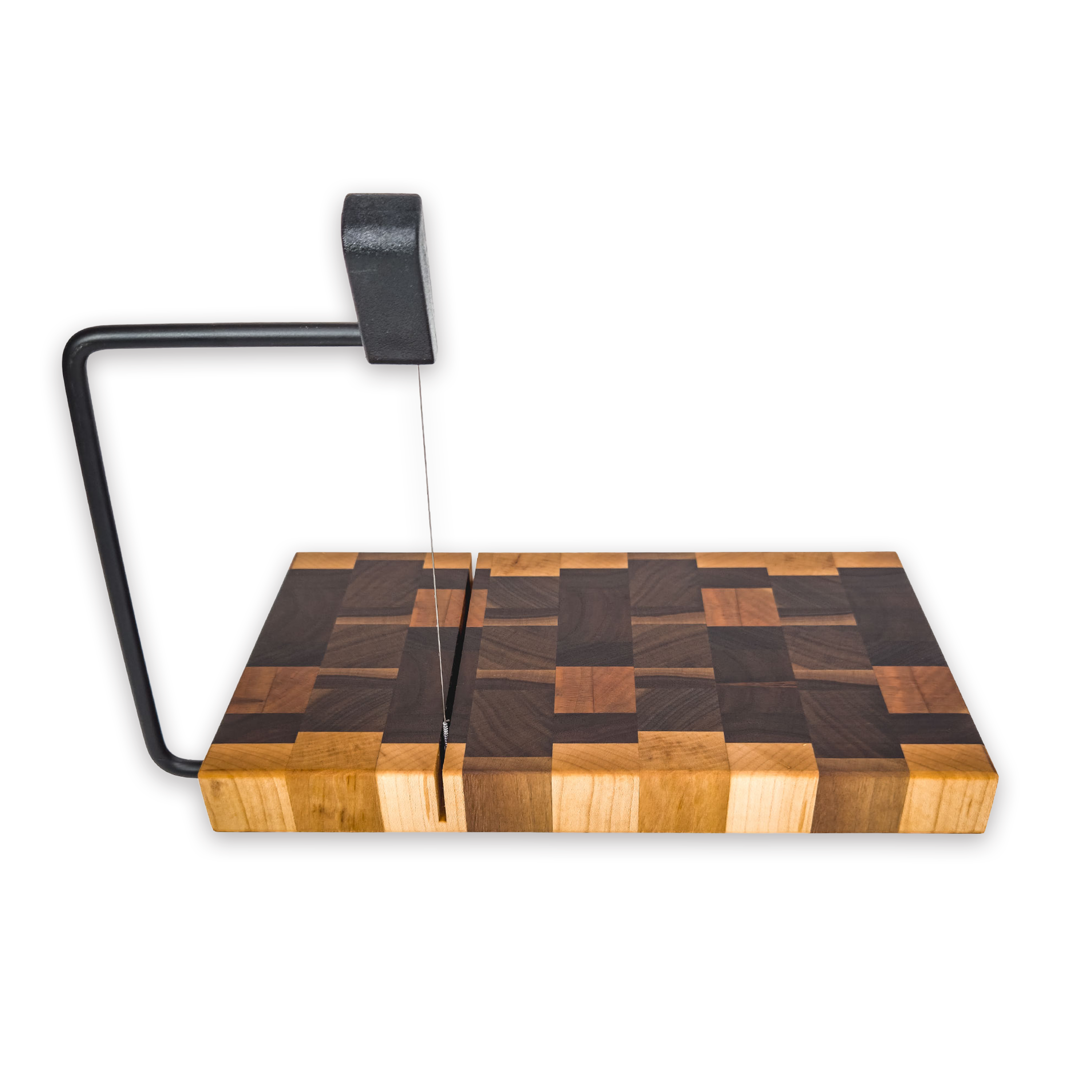 End grain maple, walnut, oak & cherry cheese slicer board with wire cutter, oiled hardwood — large, black (9.75 × 5.75 in)