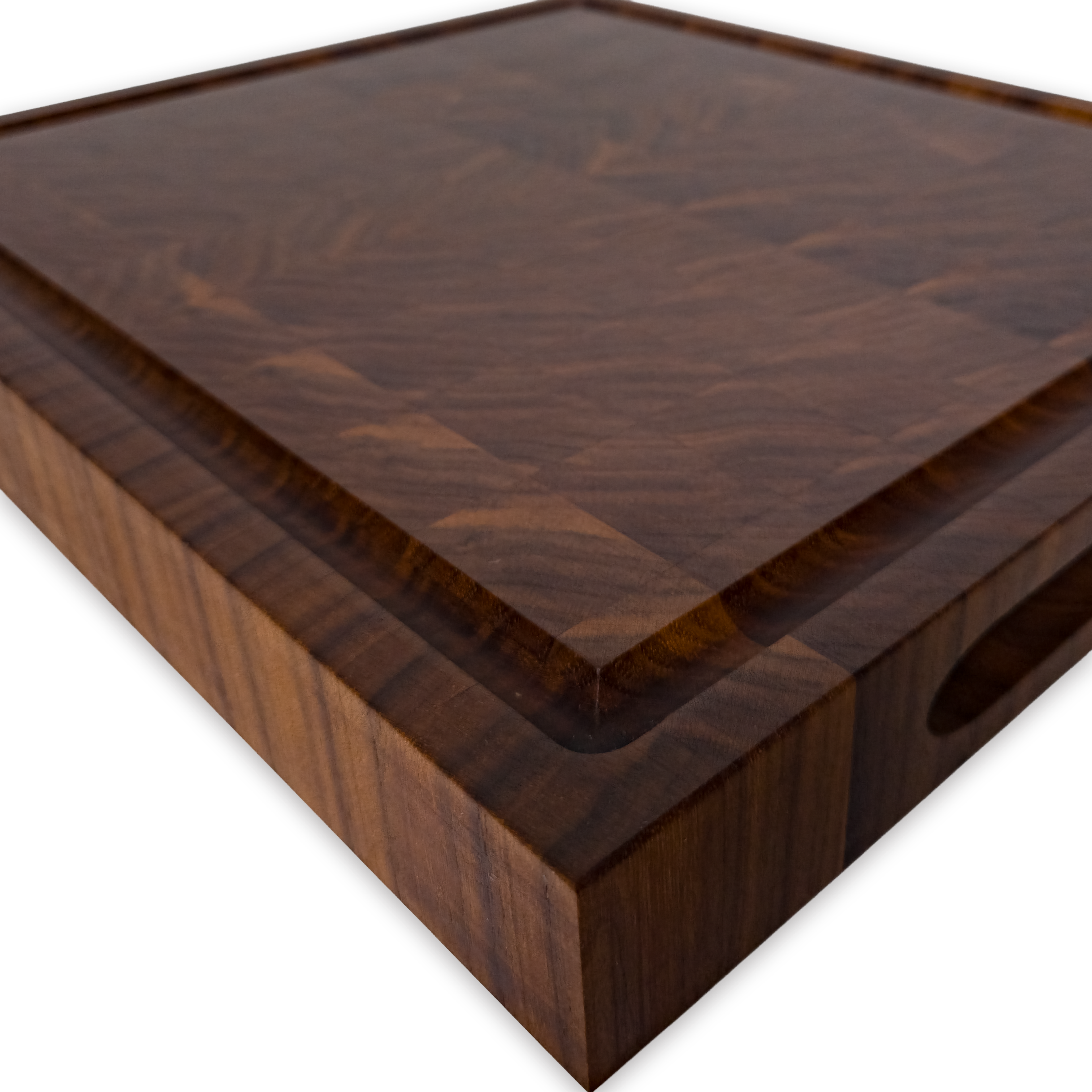 Walnut end grain butcher block cutting board with juice groove — 14 × 12 in