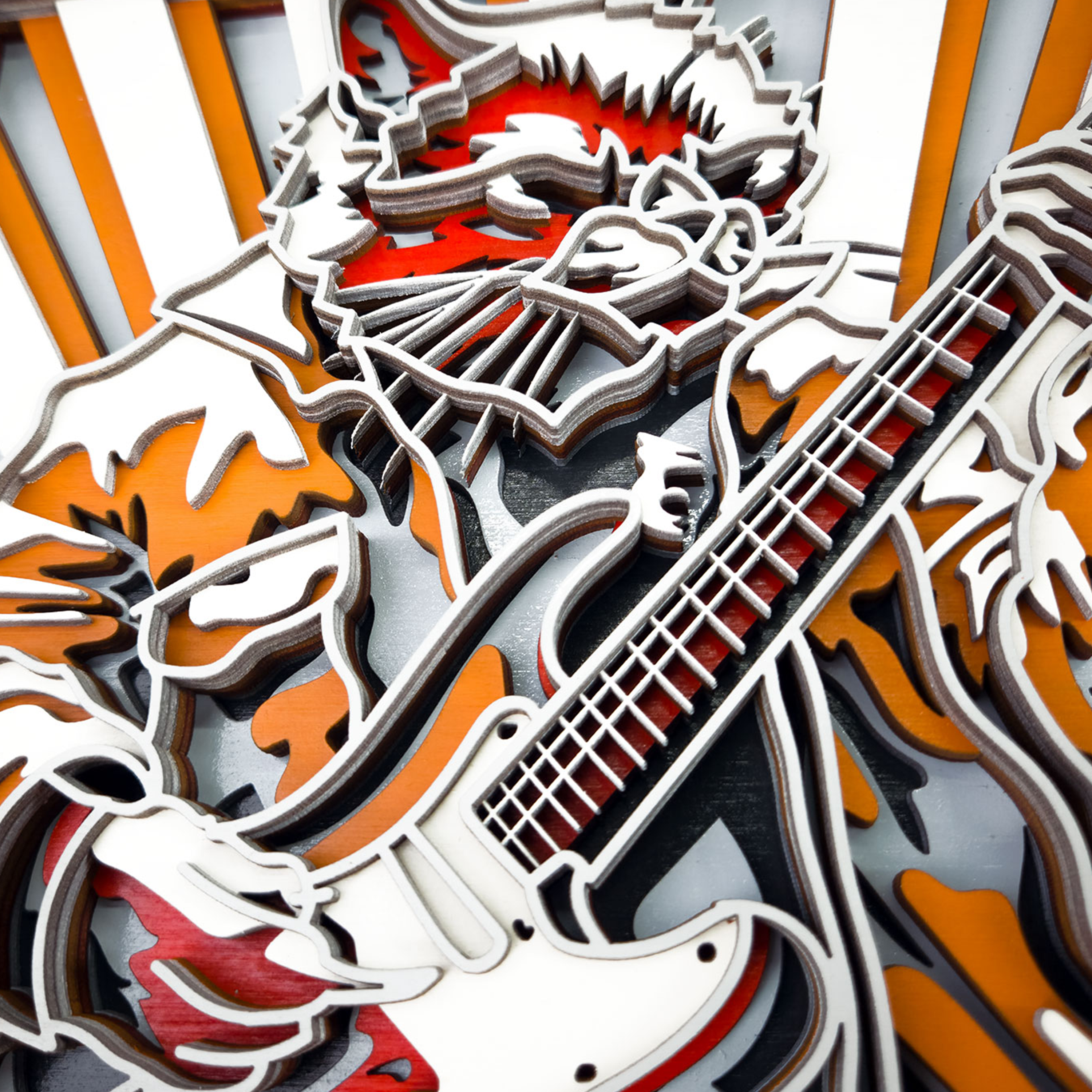 Multilayer 3D laser-cut guitar cat wall art, Baltic Birch Plywood
