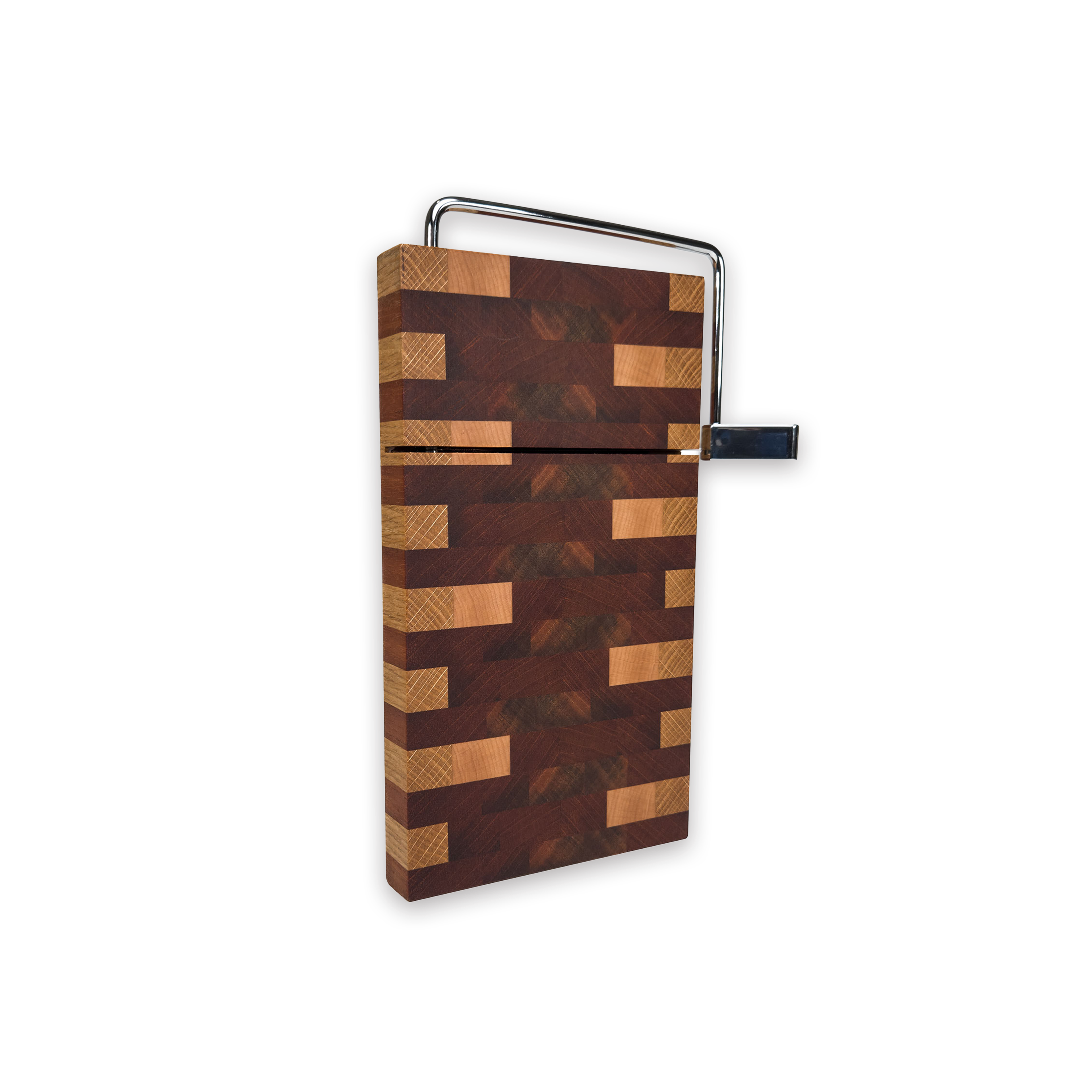 End grain oak, walnut & cherry mosaic cheese slicer board with wire cutter, oiled hardwood