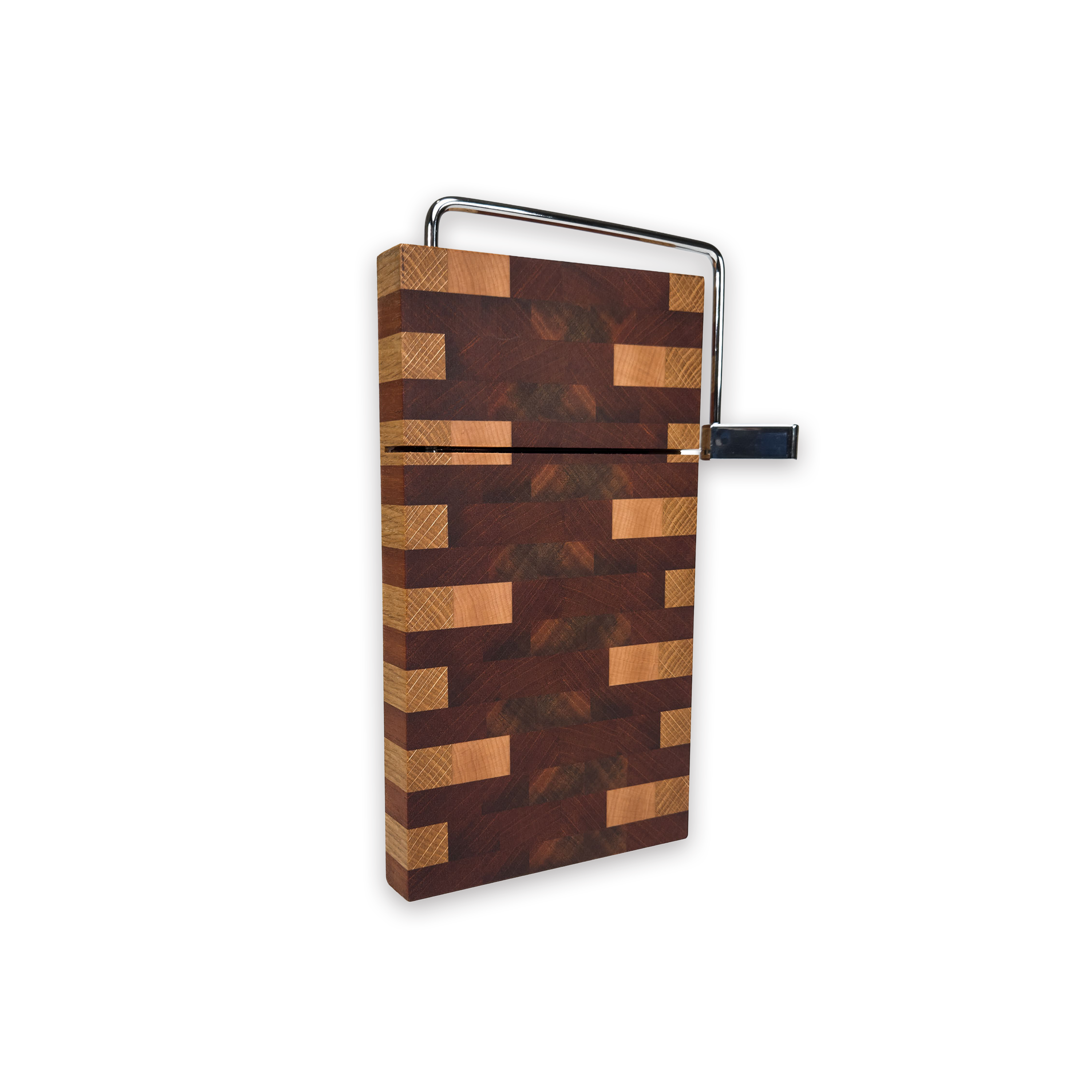 End grain oak, walnut & cherry mosaic cheese slicer board with wire cutter, oiled hardwood