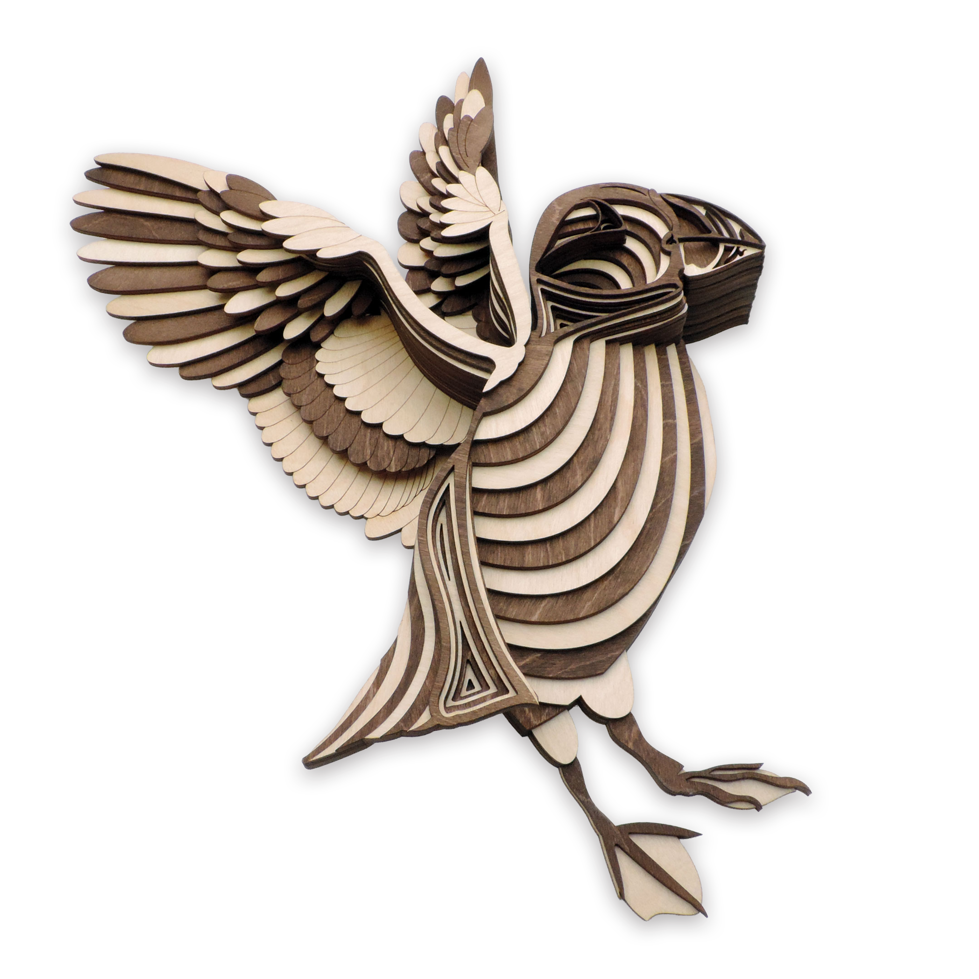 17-layer 3D laser-cut baby puffin wall art, Baltic Birch Plywood — walnut maple, small (11 × 9 in)