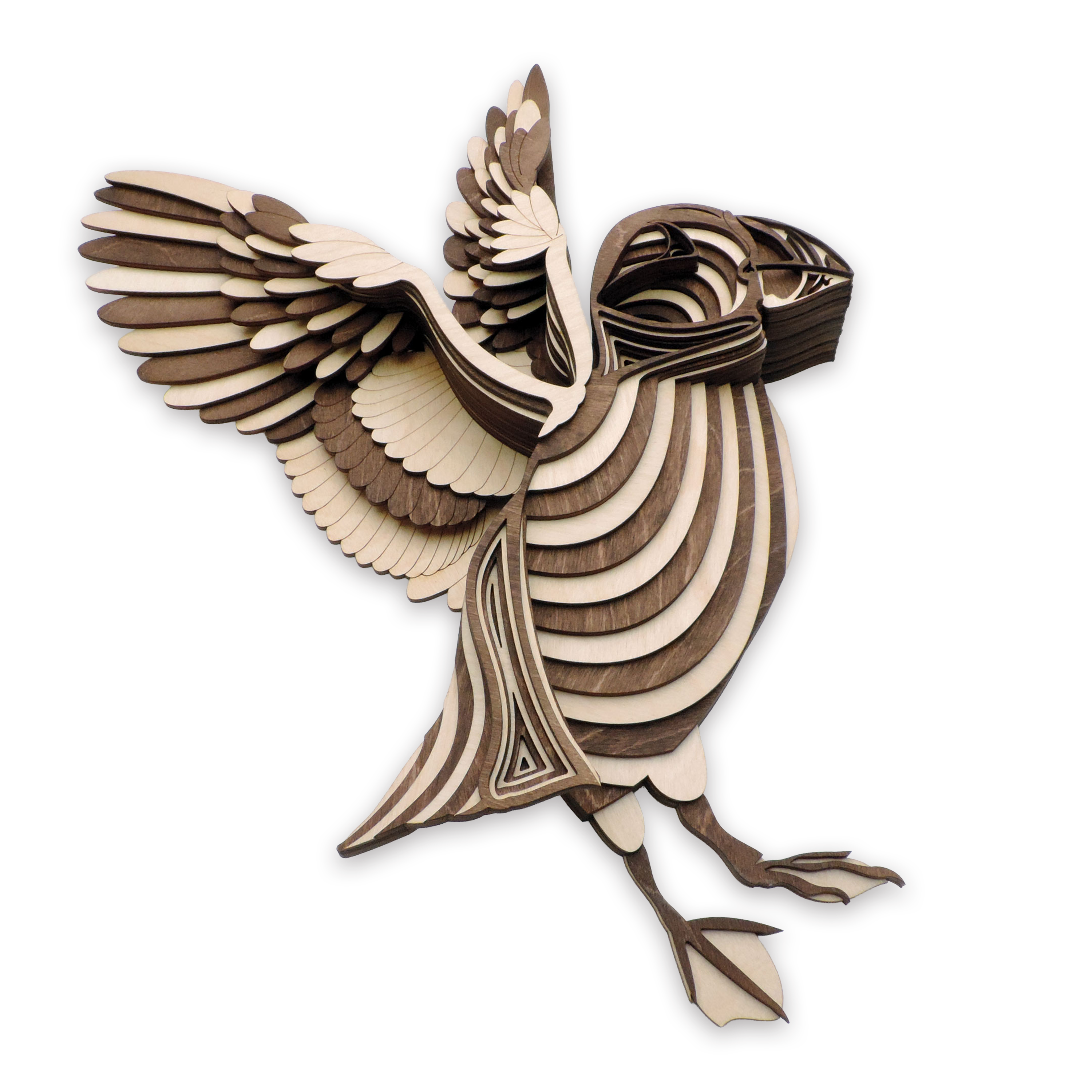 17-layer 3D laser-cut baby puffin wall art, Baltic Birch Plywood — walnut maple, small (11 × 9 in)