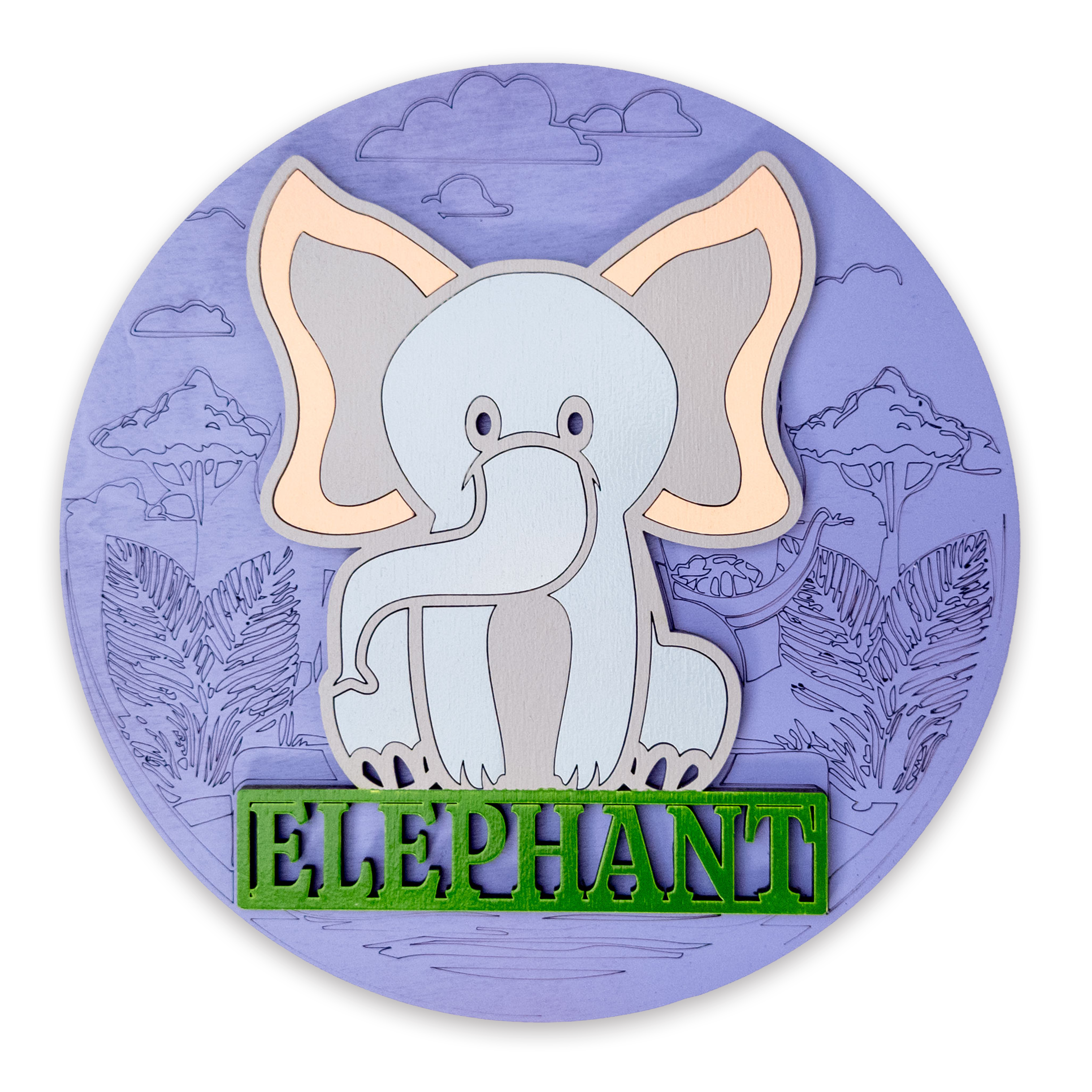 Multilayer 3D laser-cut elephant name sign wall art, Baltic Birch Plywood