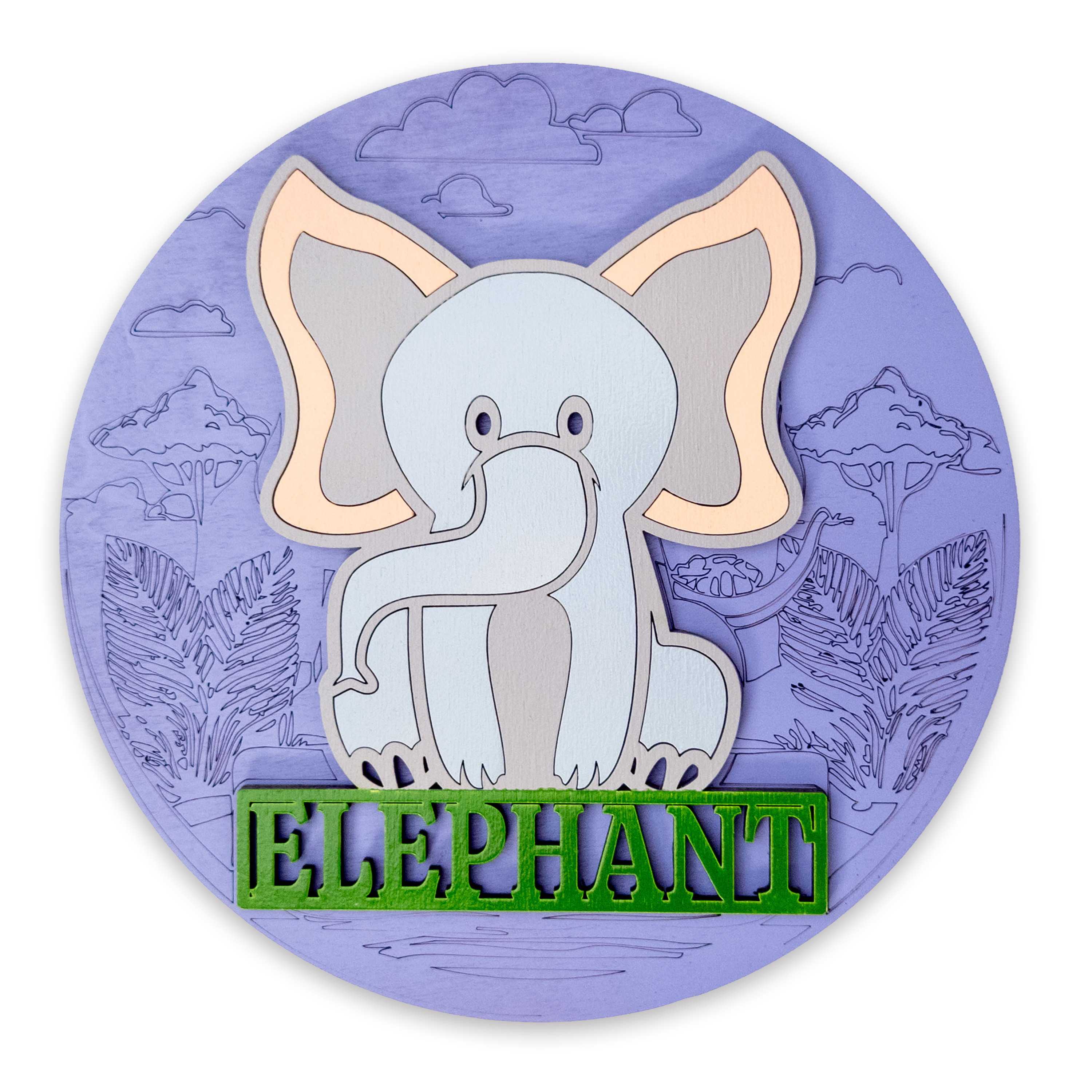 Multilayer 3D laser-cut elephant name sign wall art, Baltic Birch Plywood