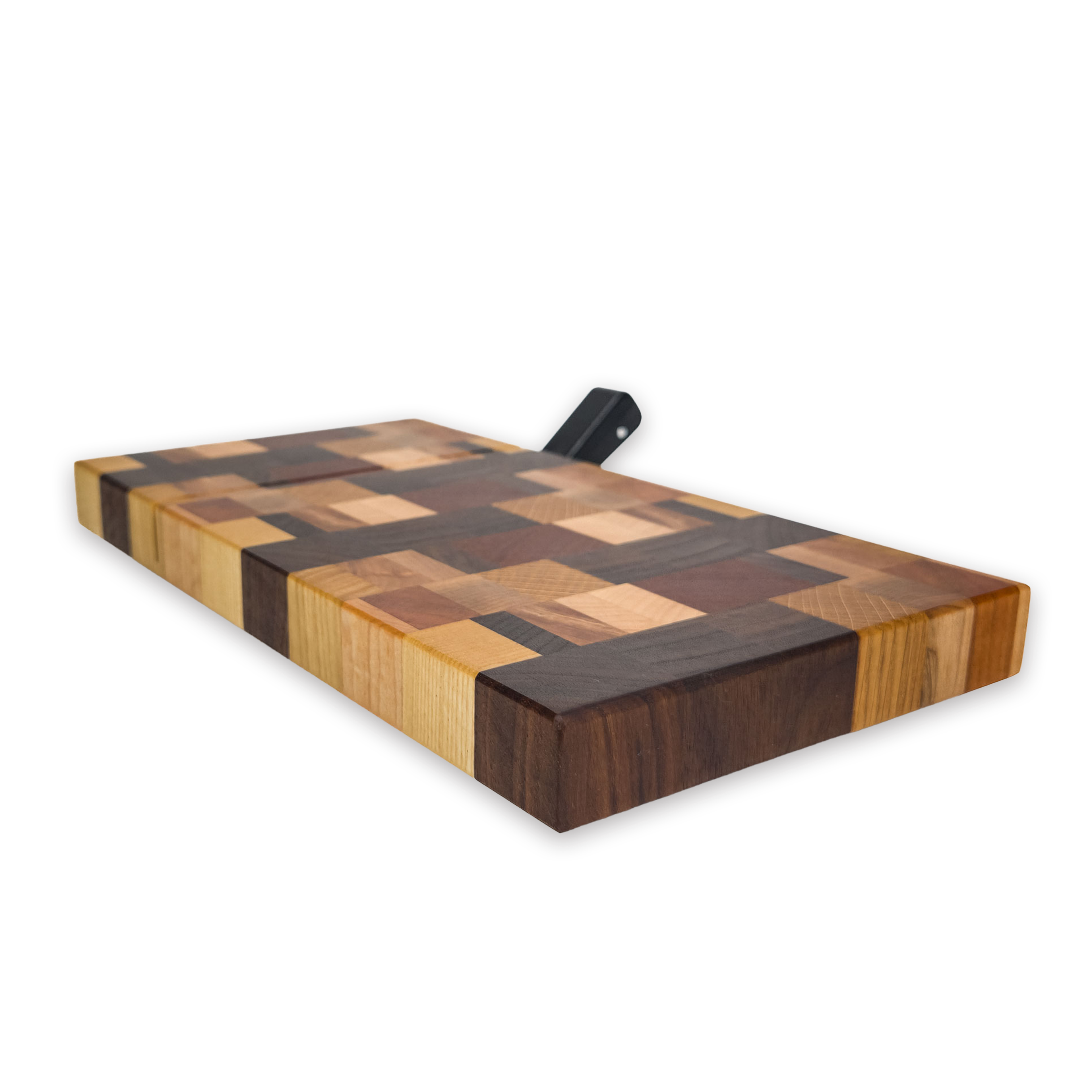 End grain dark mixed hardwood cheese slicer board with wire cutter, oiled hardwood