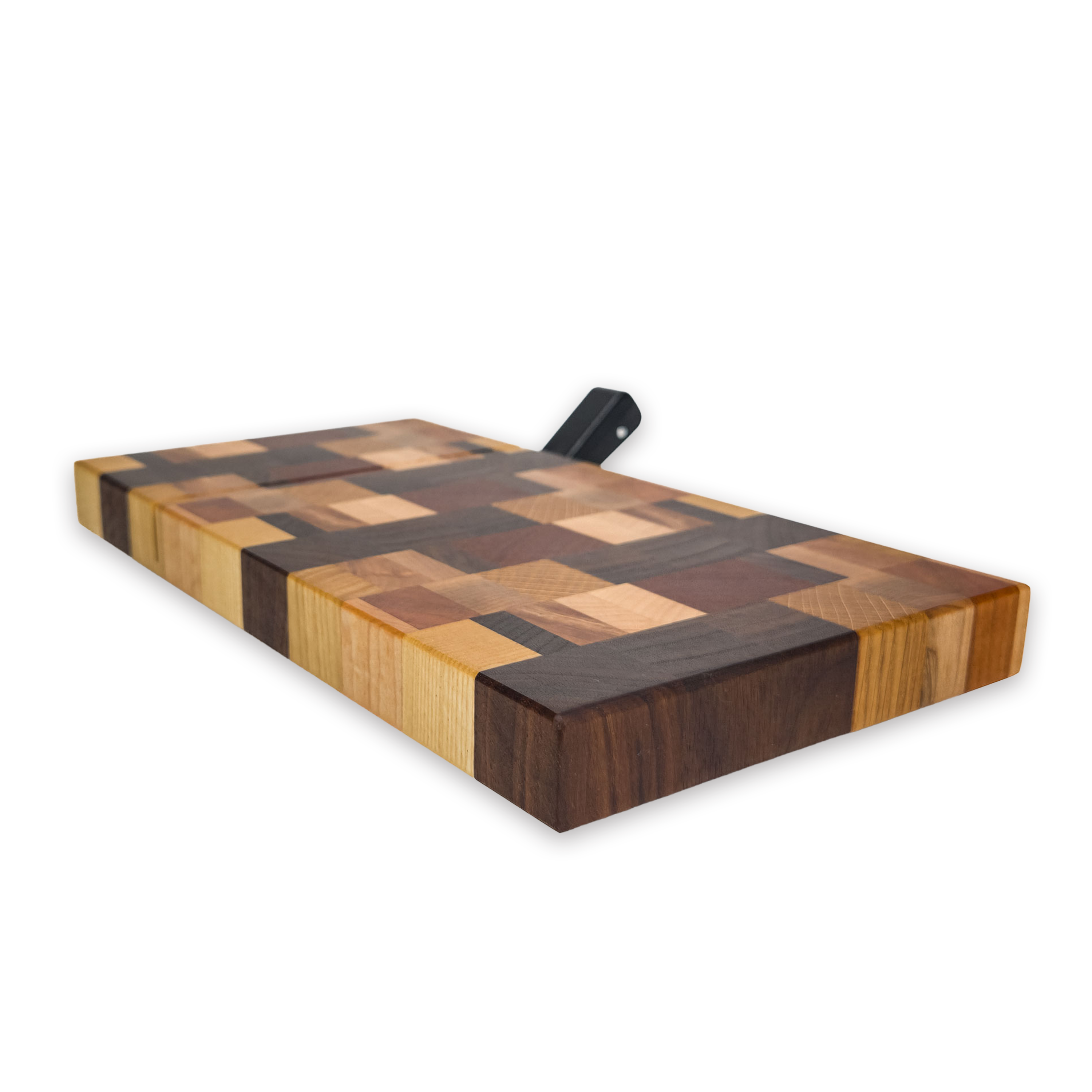 End grain dark mixed hardwood cheese slicer board with wire cutter, oiled hardwood