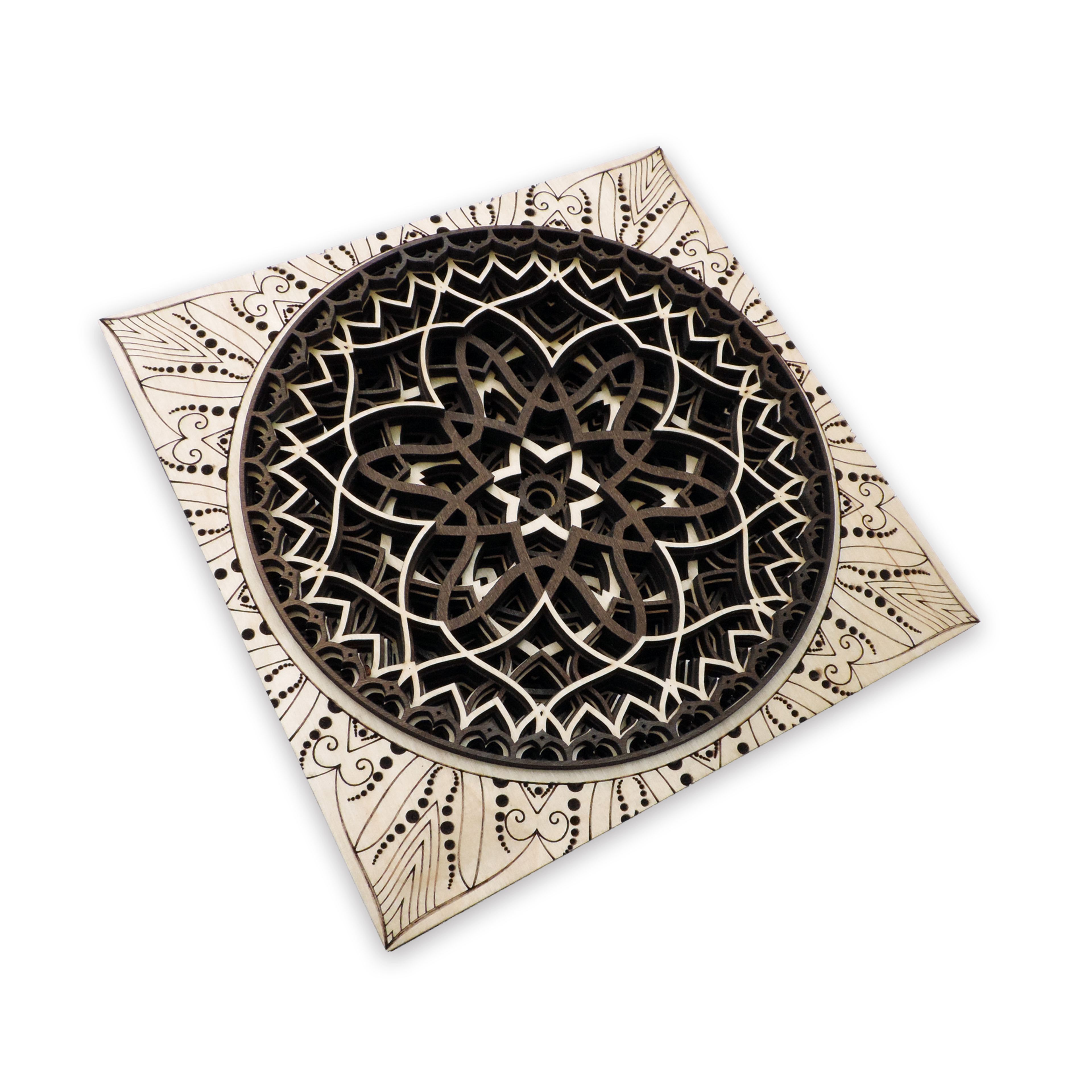 Multilayer 3D laser-cut engraved square mandala wall art, Baltic Birch Plywood