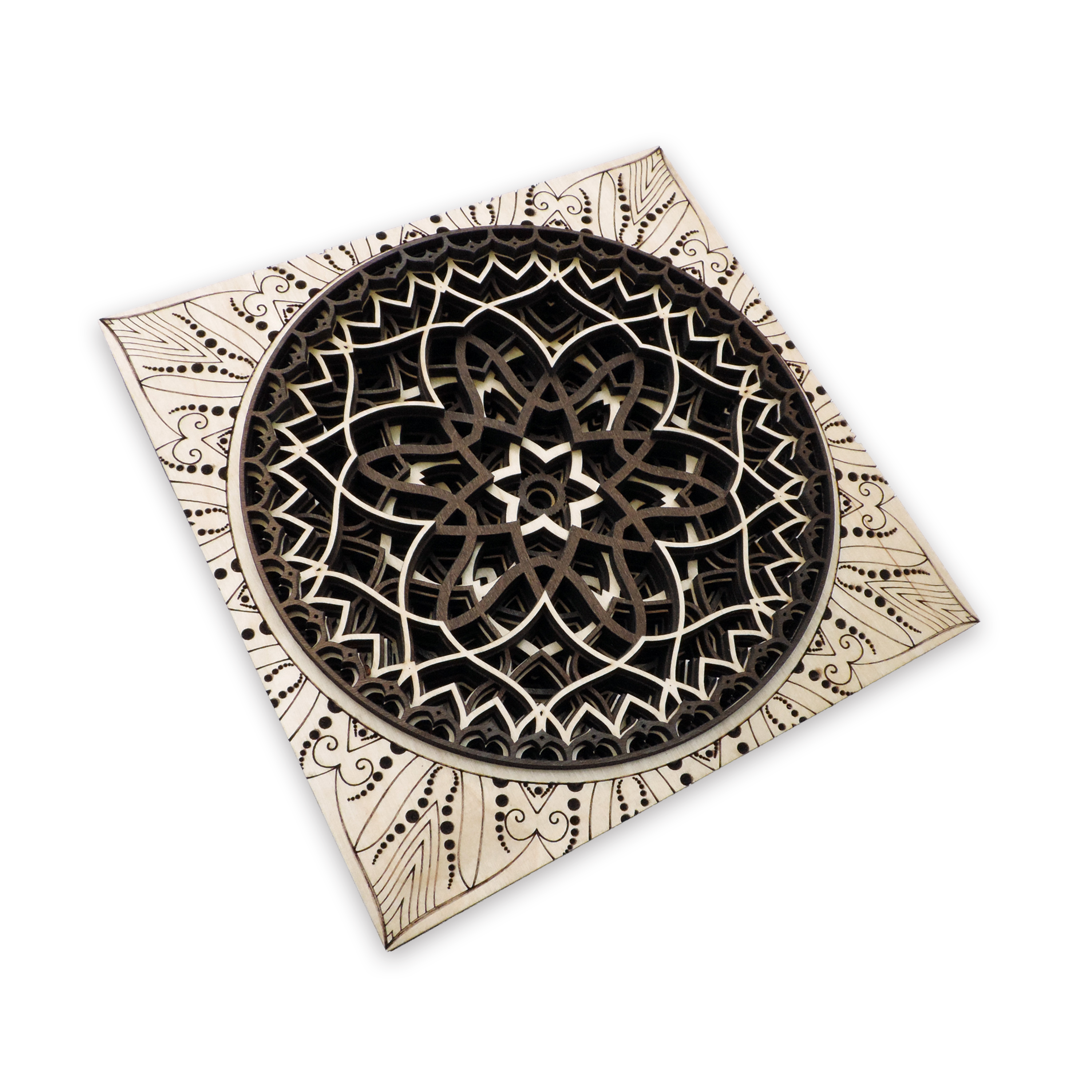 Multilayer 3D laser-cut engraved square mandala wall art, Baltic Birch Plywood
