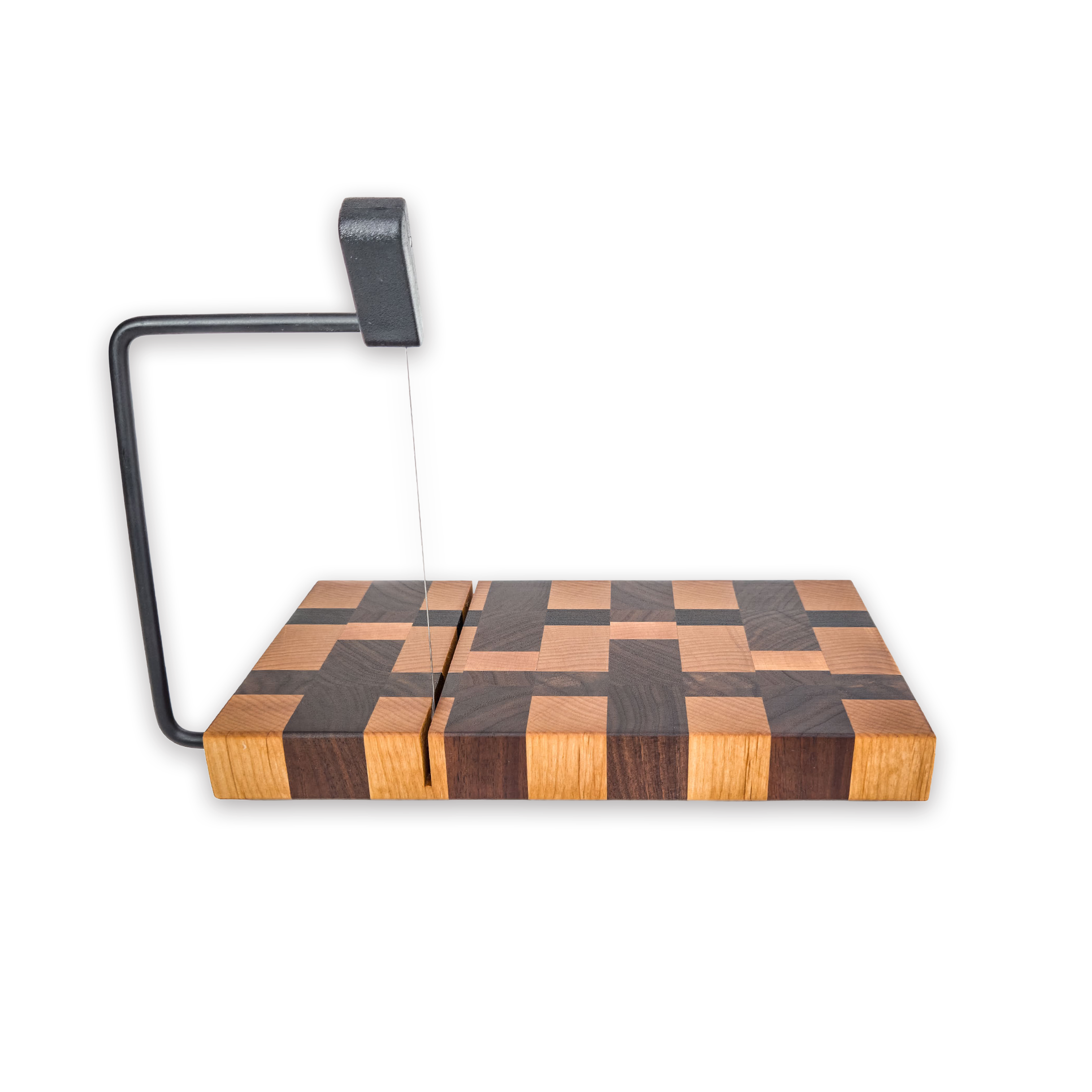 End grain maple & walnut cheese slicer board with wire cutter, oiled hardwood