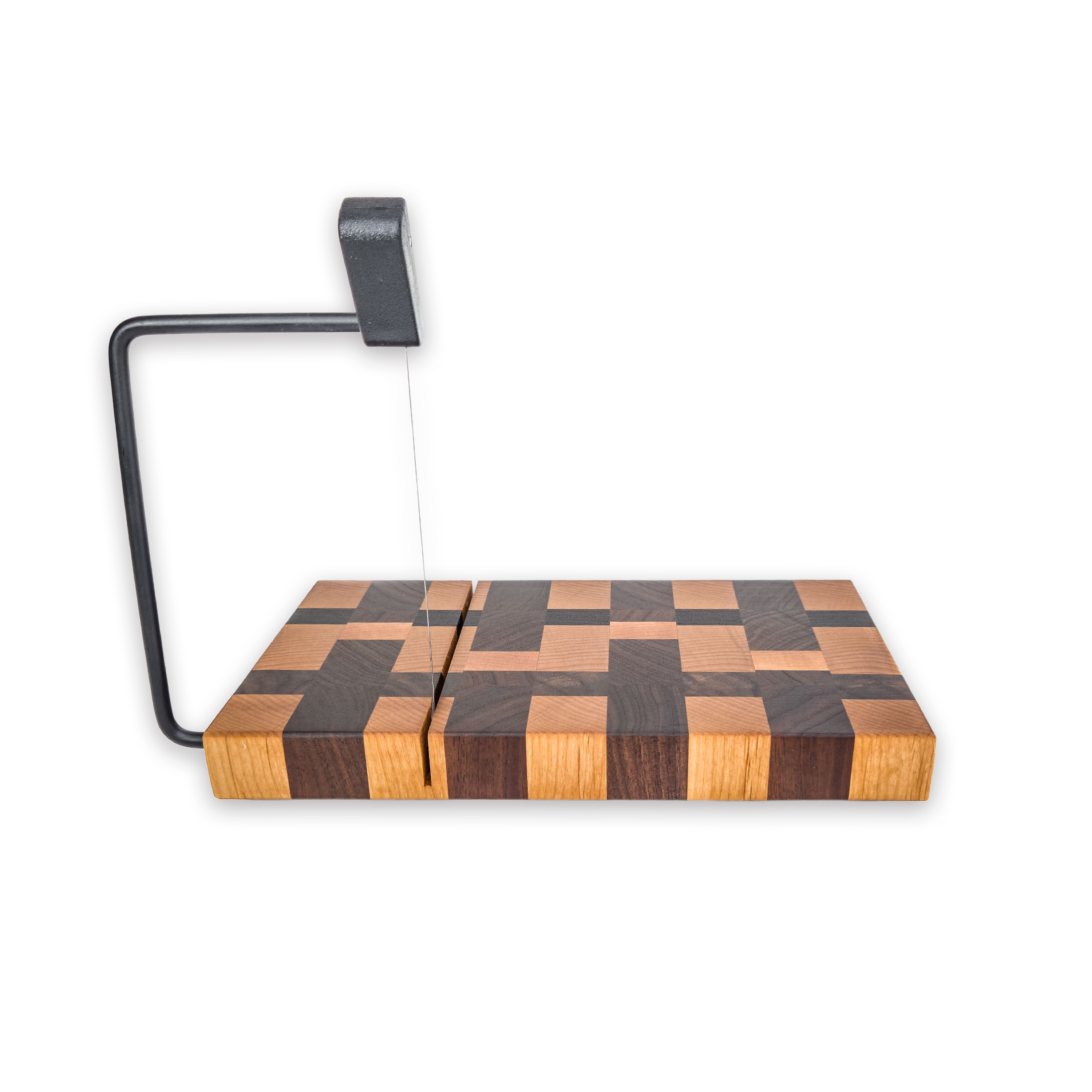 End grain maple & walnut cheese slicer board with wire cutter, oiled hardwood