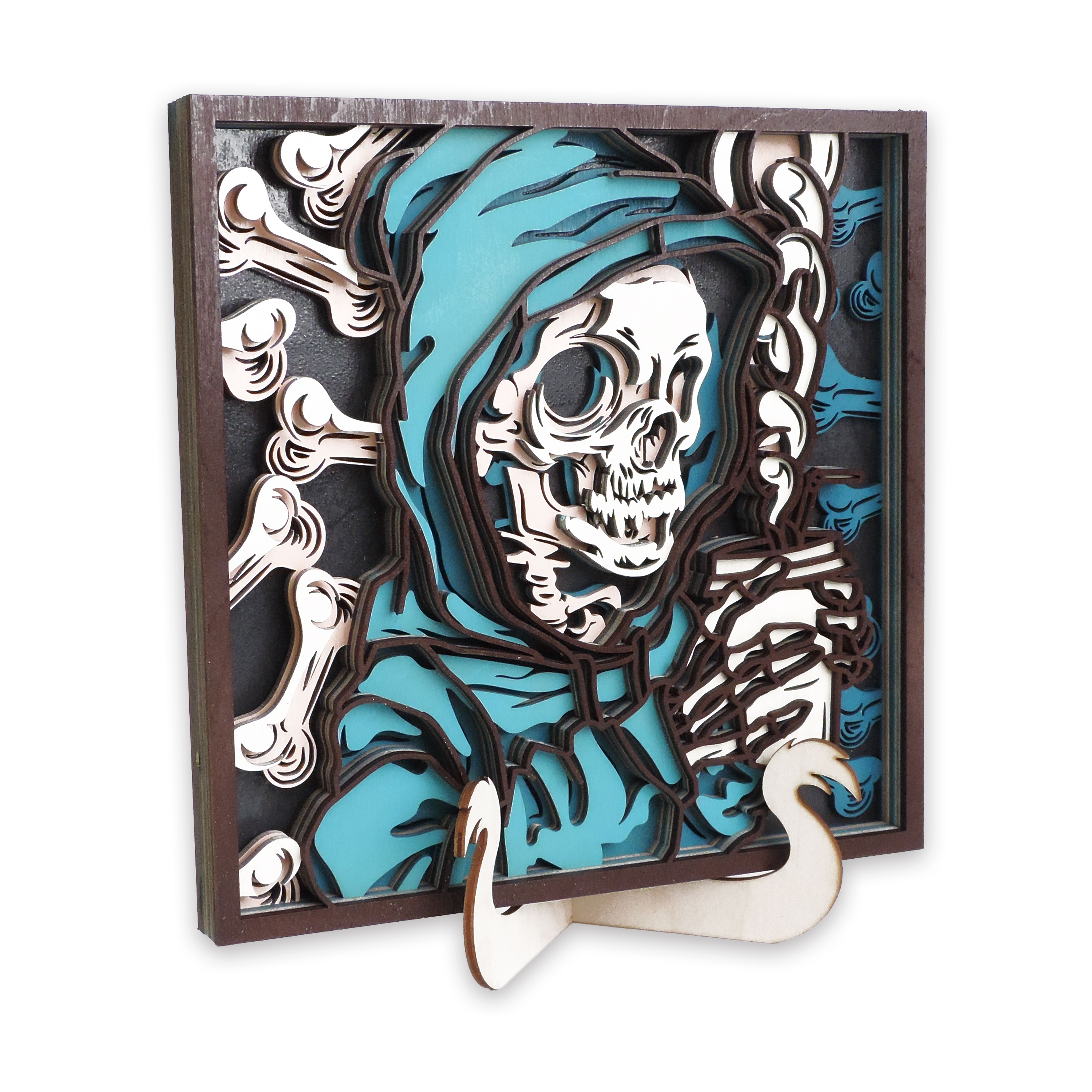 Multilayer 3D laser-cut coffee skeleton wall art, Baltic Birch Plywood