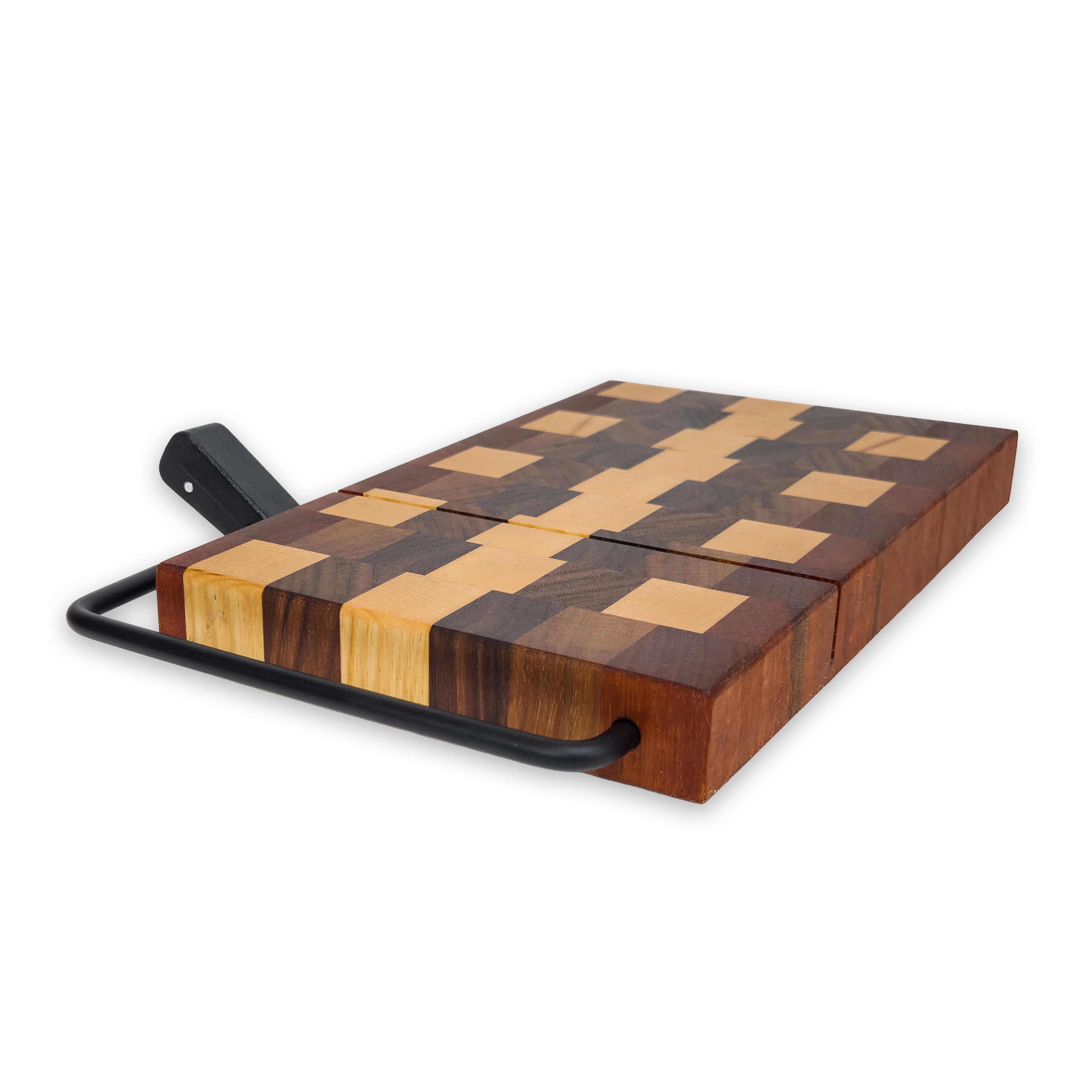 End grain maple, walnut & cherry cheese slicer board with wire cutter, oiled hardwood