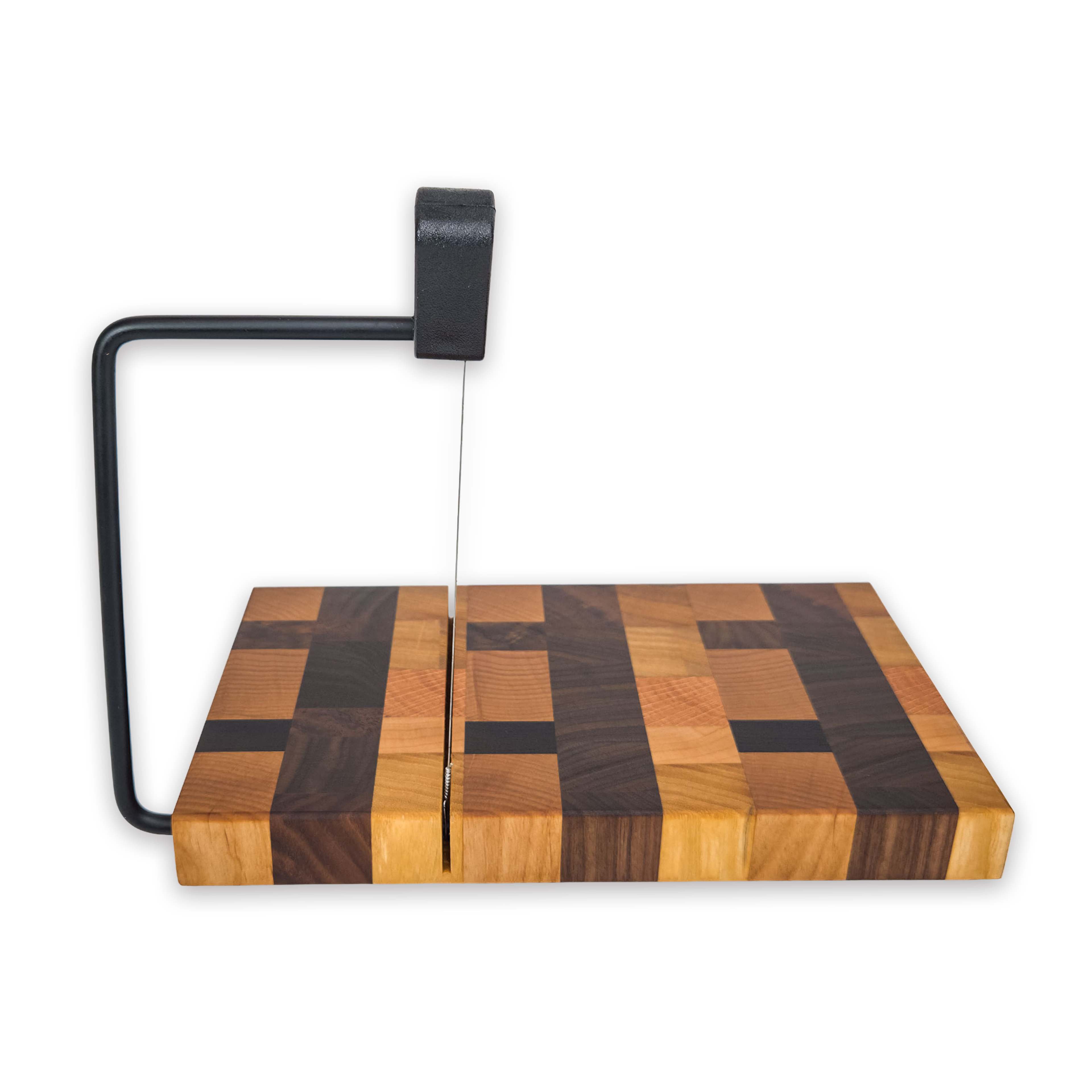 End grain oak, cherry & walnut cheese slicer board with wire cutter, oiled hardwood