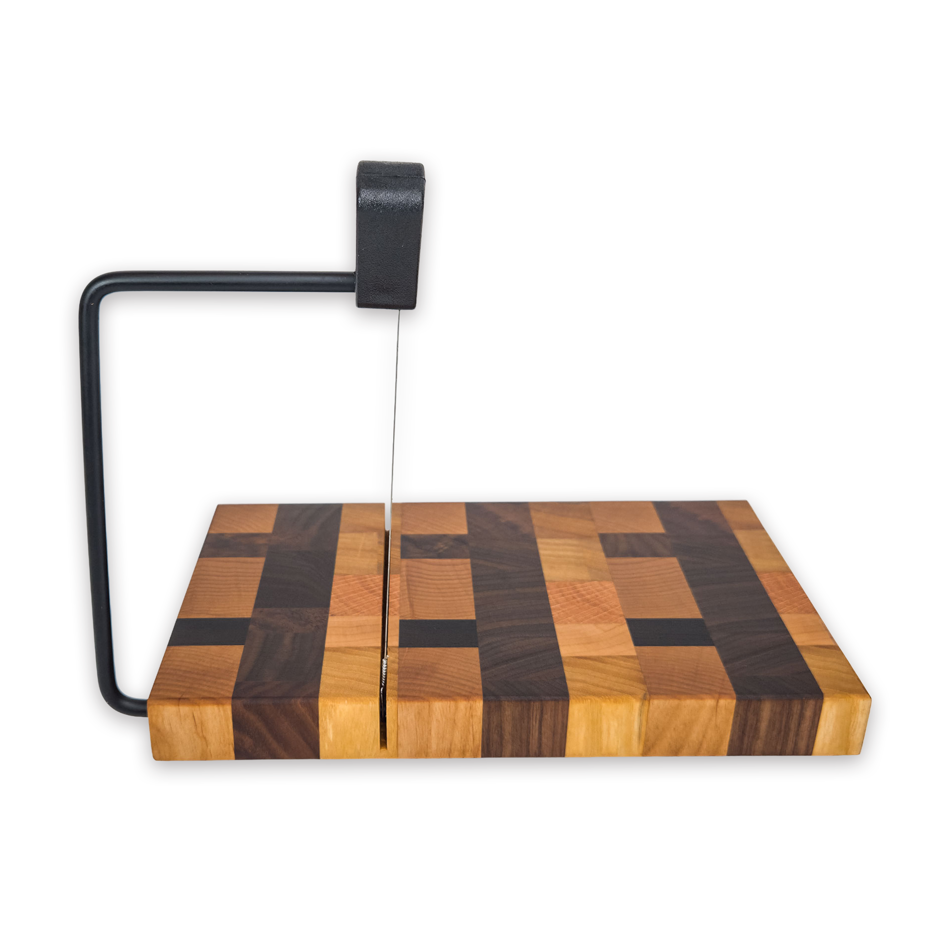 End grain oak, cherry & walnut cheese slicer board with wire cutter, oiled hardwood