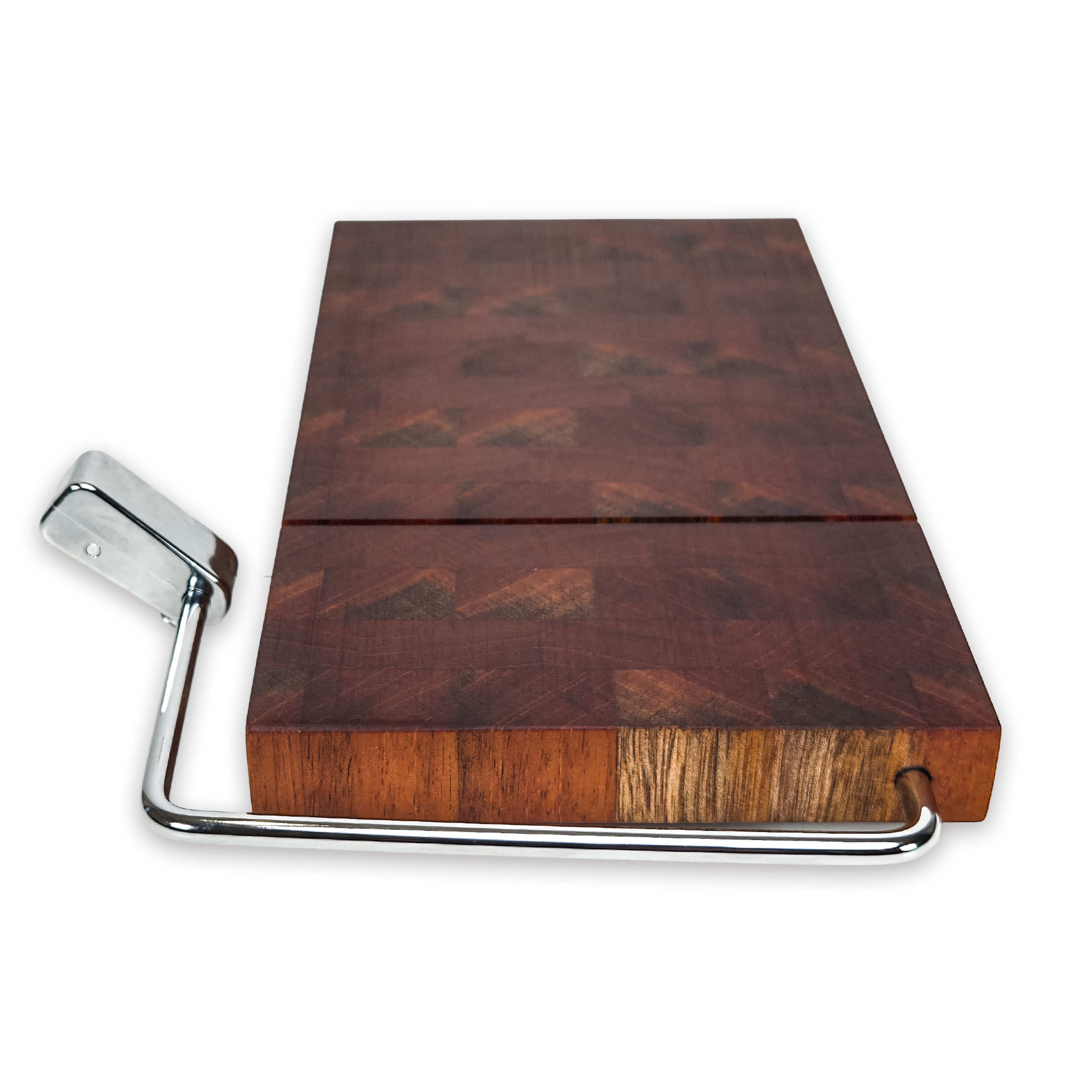 End grain walnut cheese slicer board with wire cutter, oiled hardwood