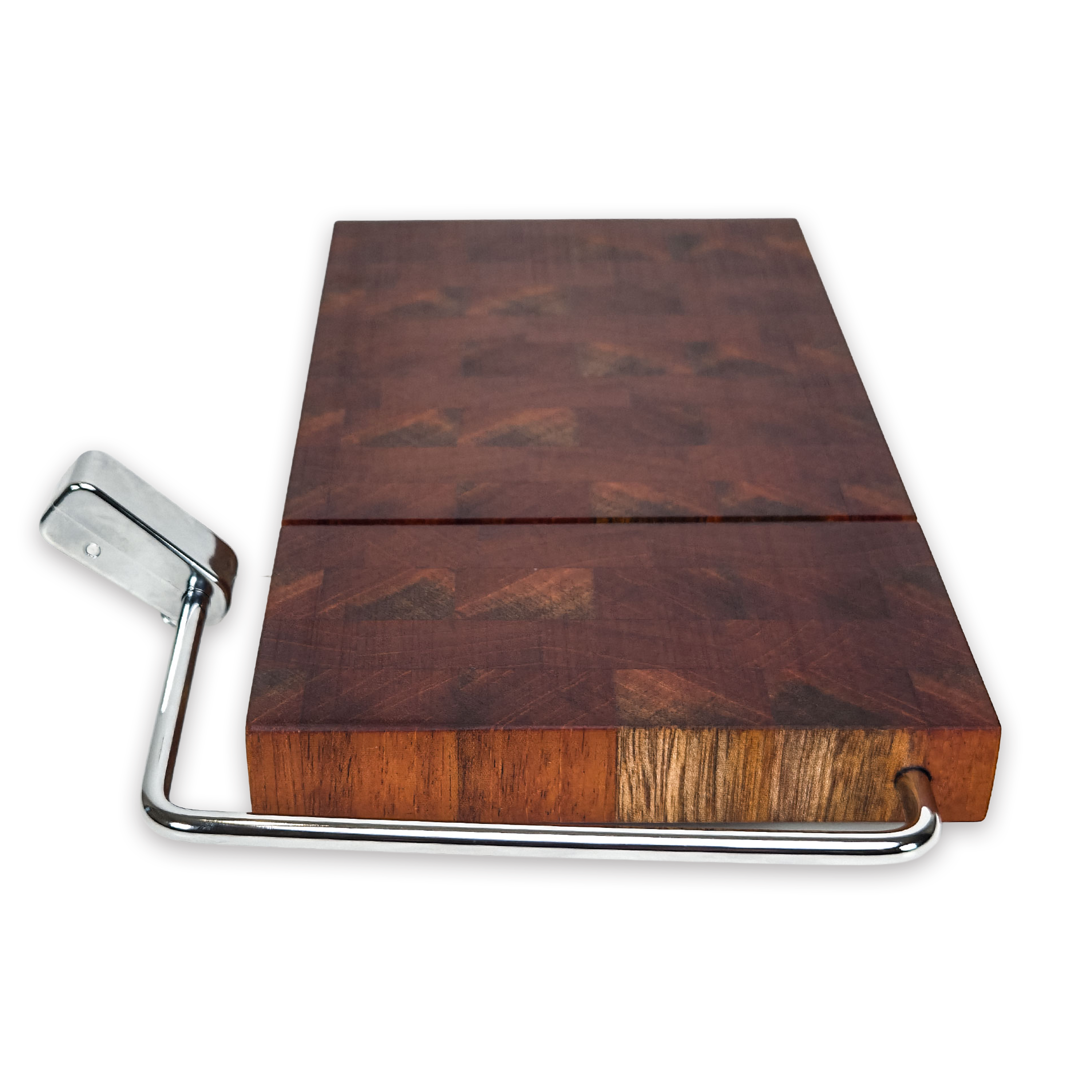 End grain walnut cheese slicer board with wire cutter, oiled hardwood