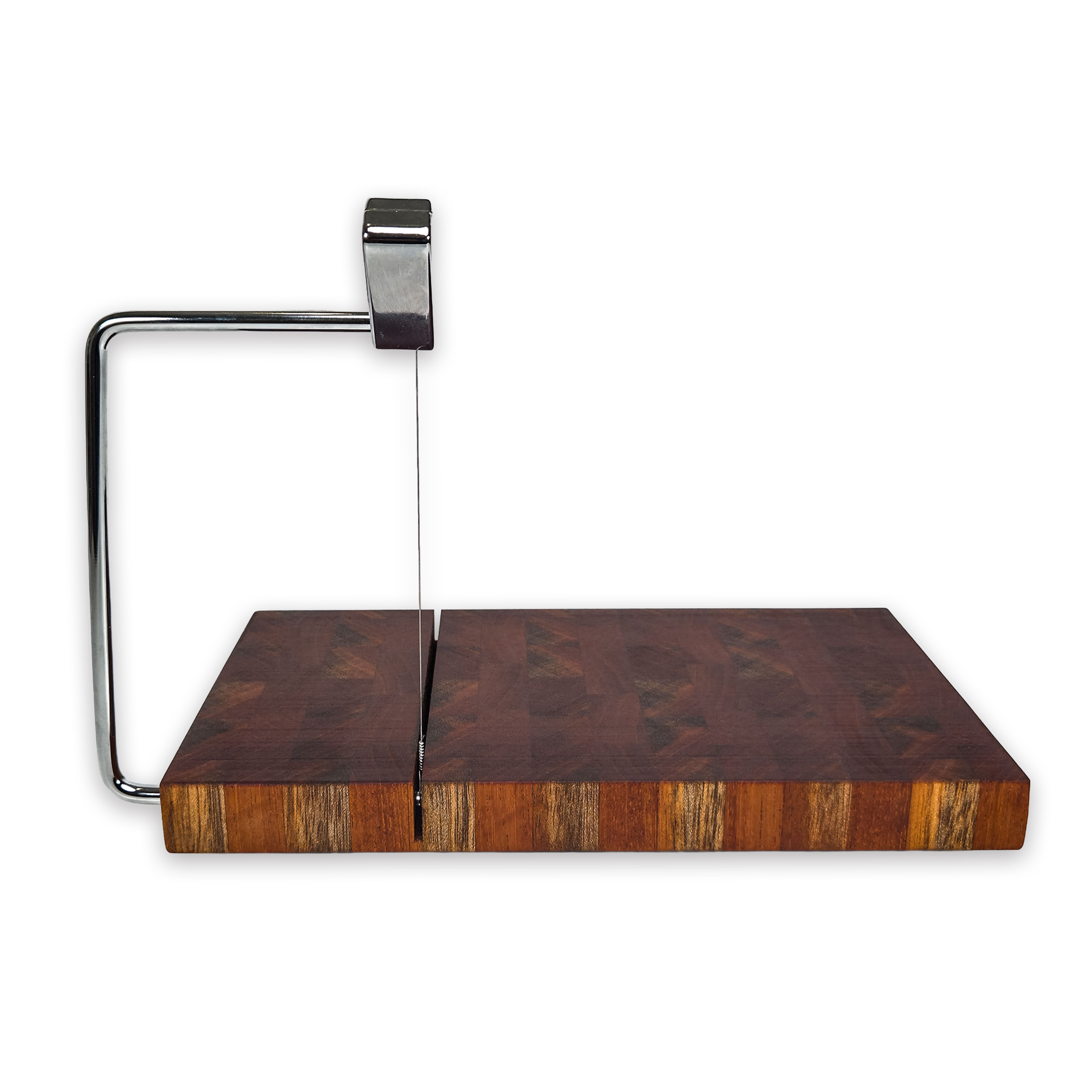 End grain walnut cheese slicer board with wire cutter, oiled hardwood