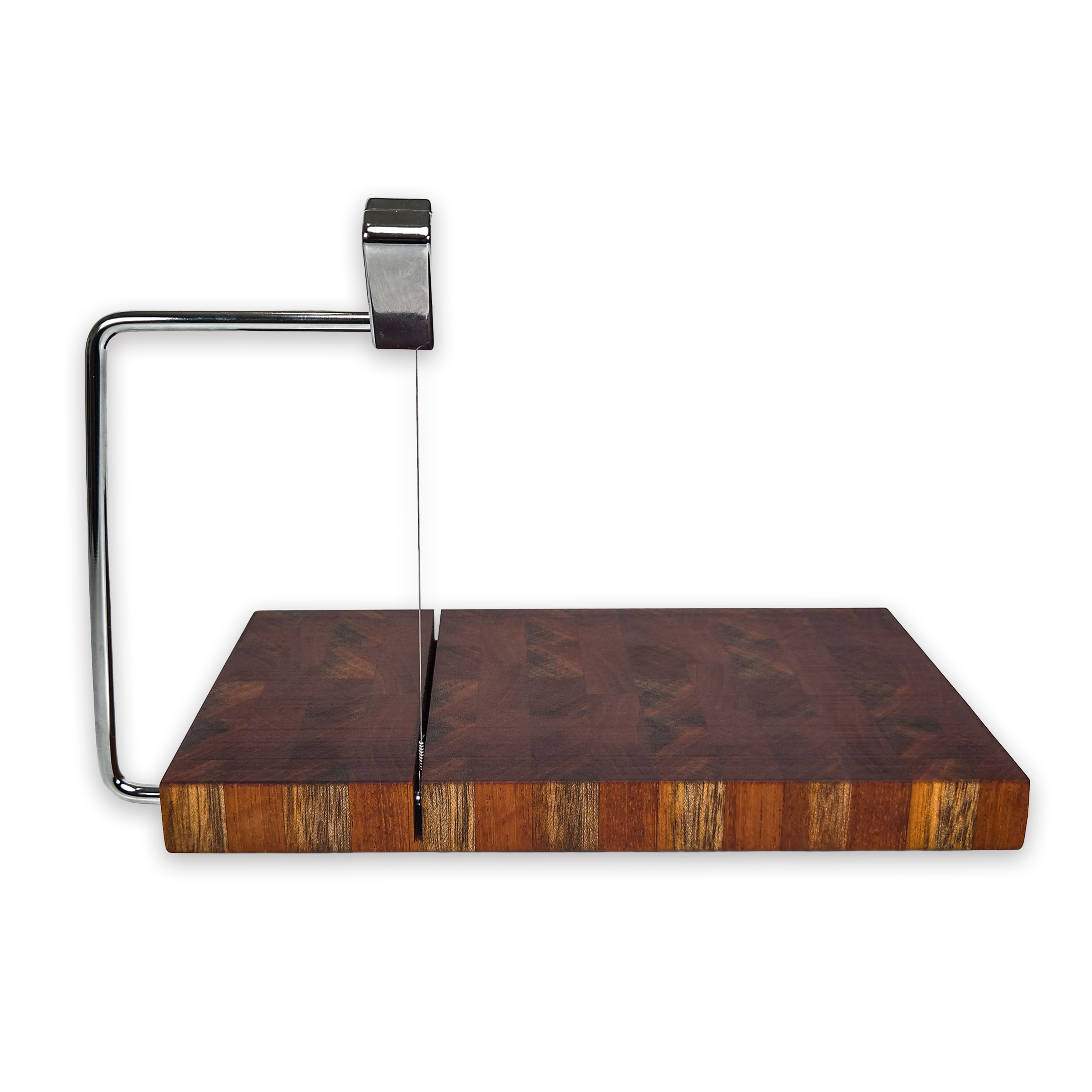 End grain walnut cheese slicer board with wire cutter, oiled hardwood