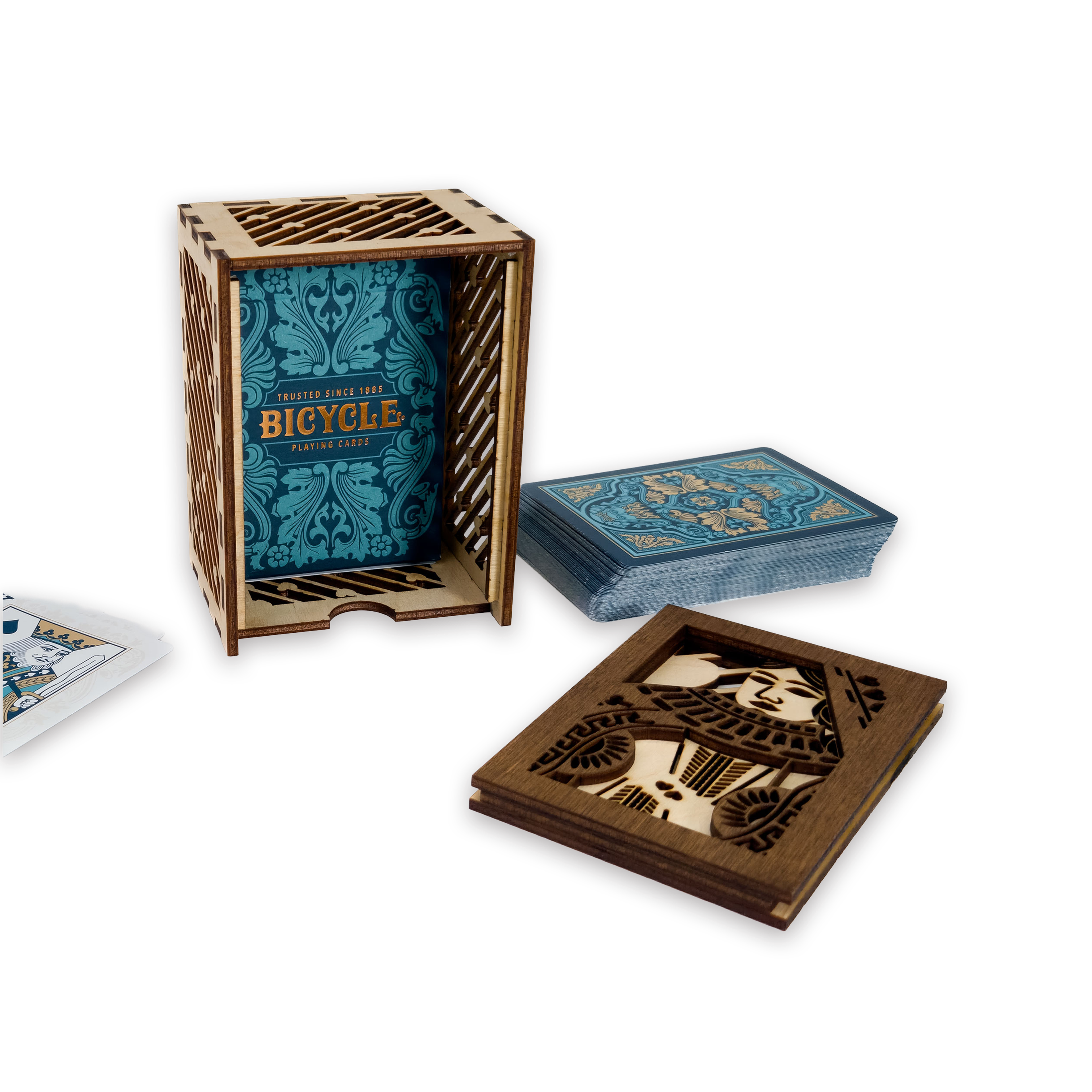 Laser-cut queen of hearts poker card box, walnut & maple birch plywood