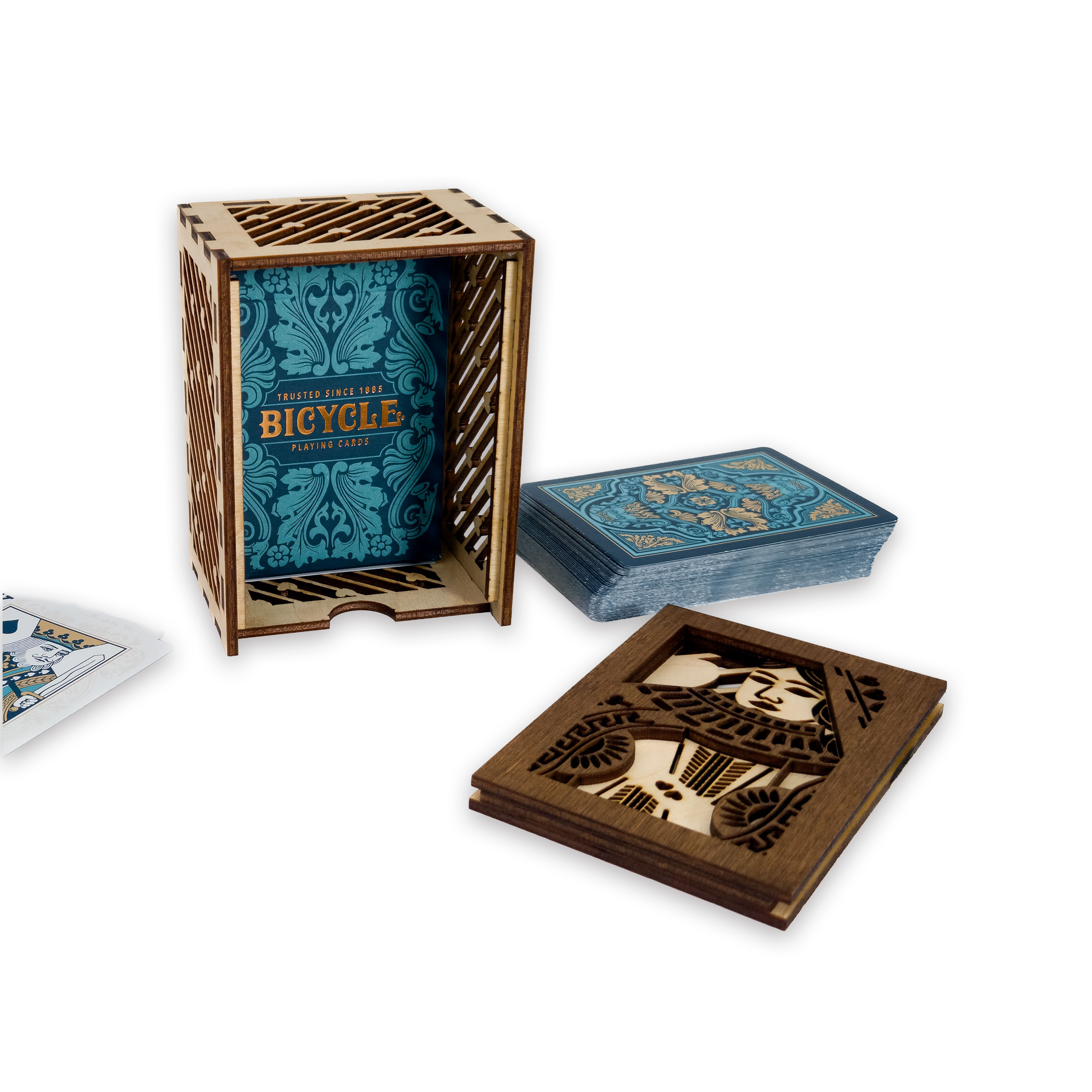 Laser-cut queen of hearts poker card box, walnut & maple birch plywood