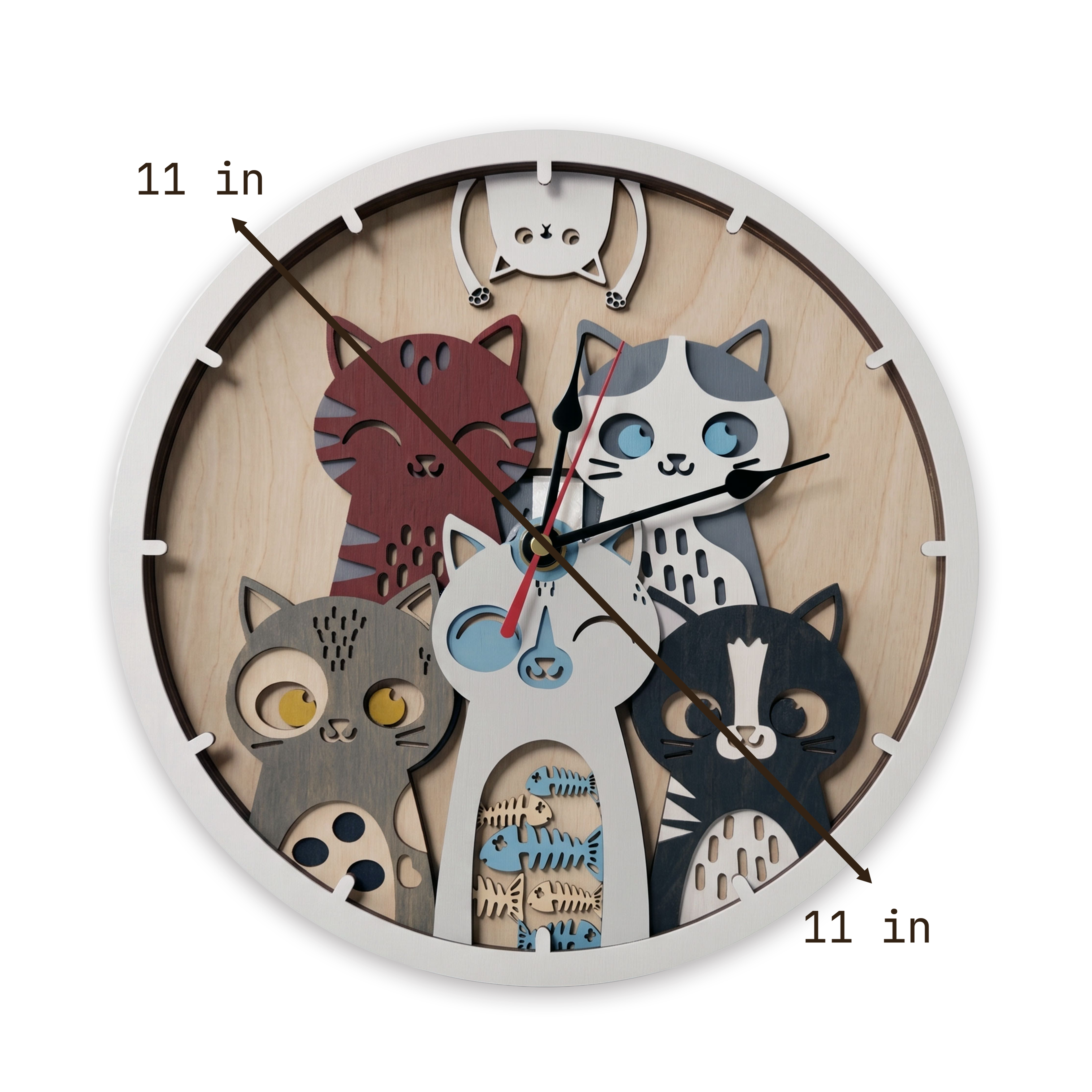Multilayer 3D laser-cut cat wall clock wall art, Baltic Birch Plywood