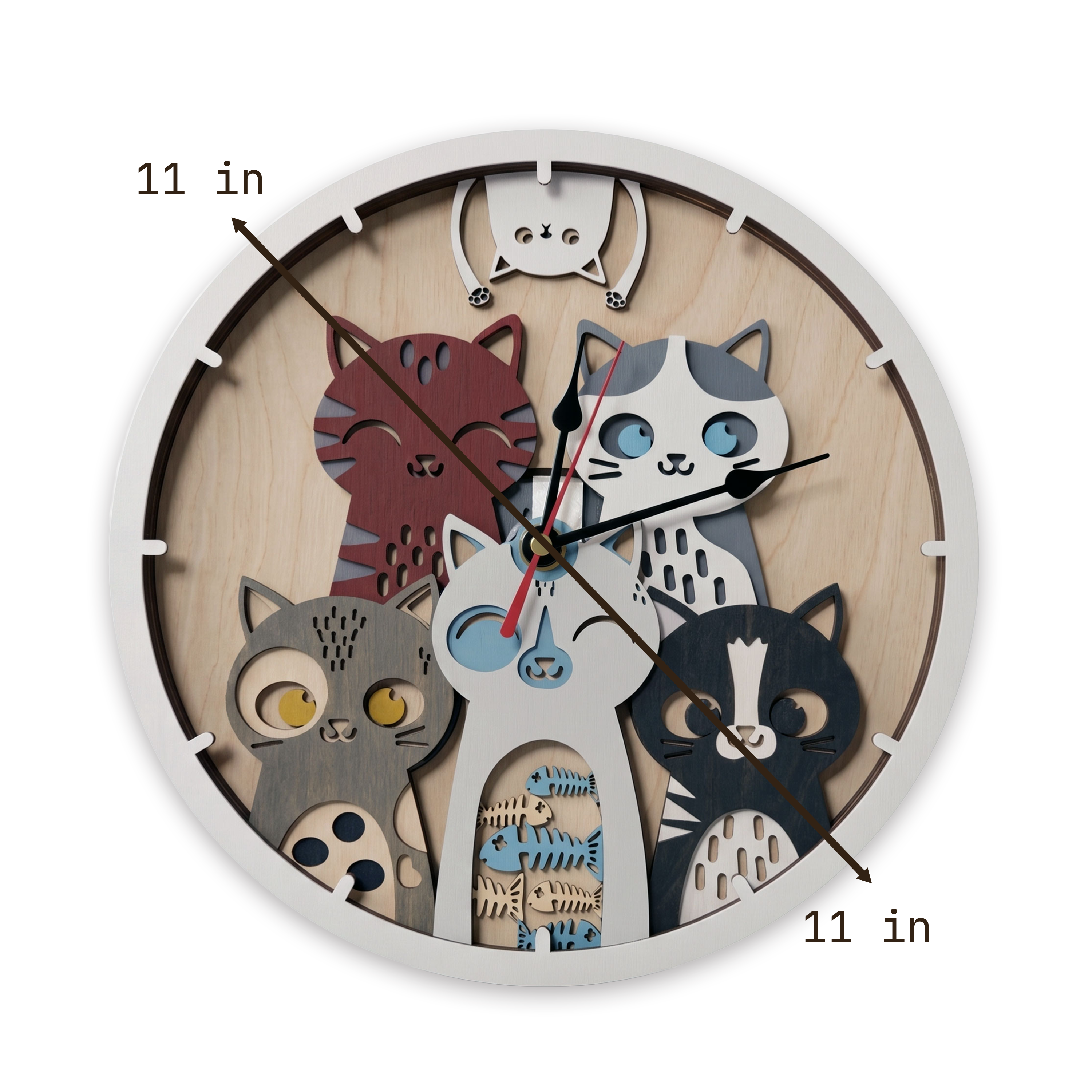 Multilayer 3D laser-cut cat wall clock wall art, Baltic Birch Plywood