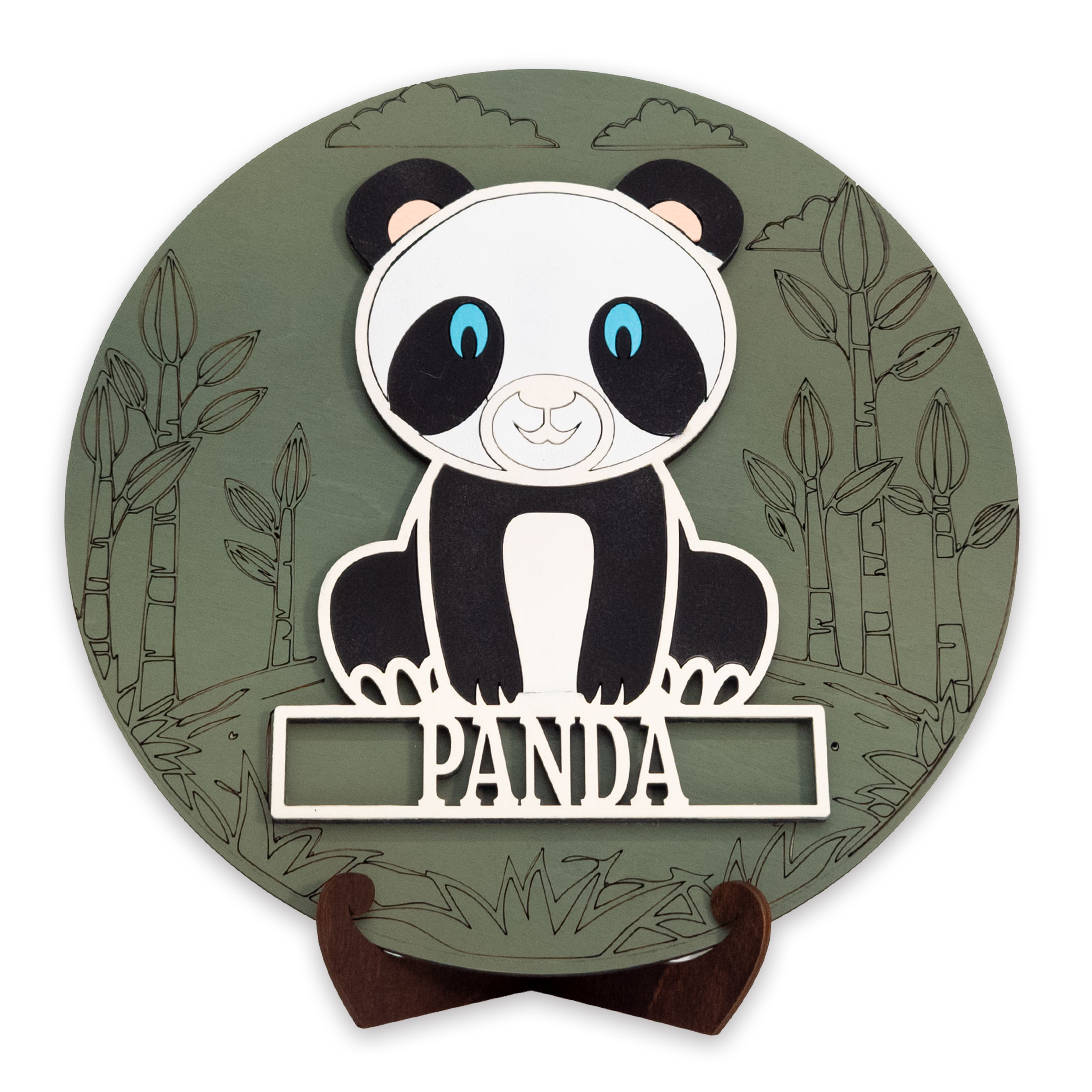 Multilayer 3D laser-cut panda name sign wall art, Baltic Birch Plywood