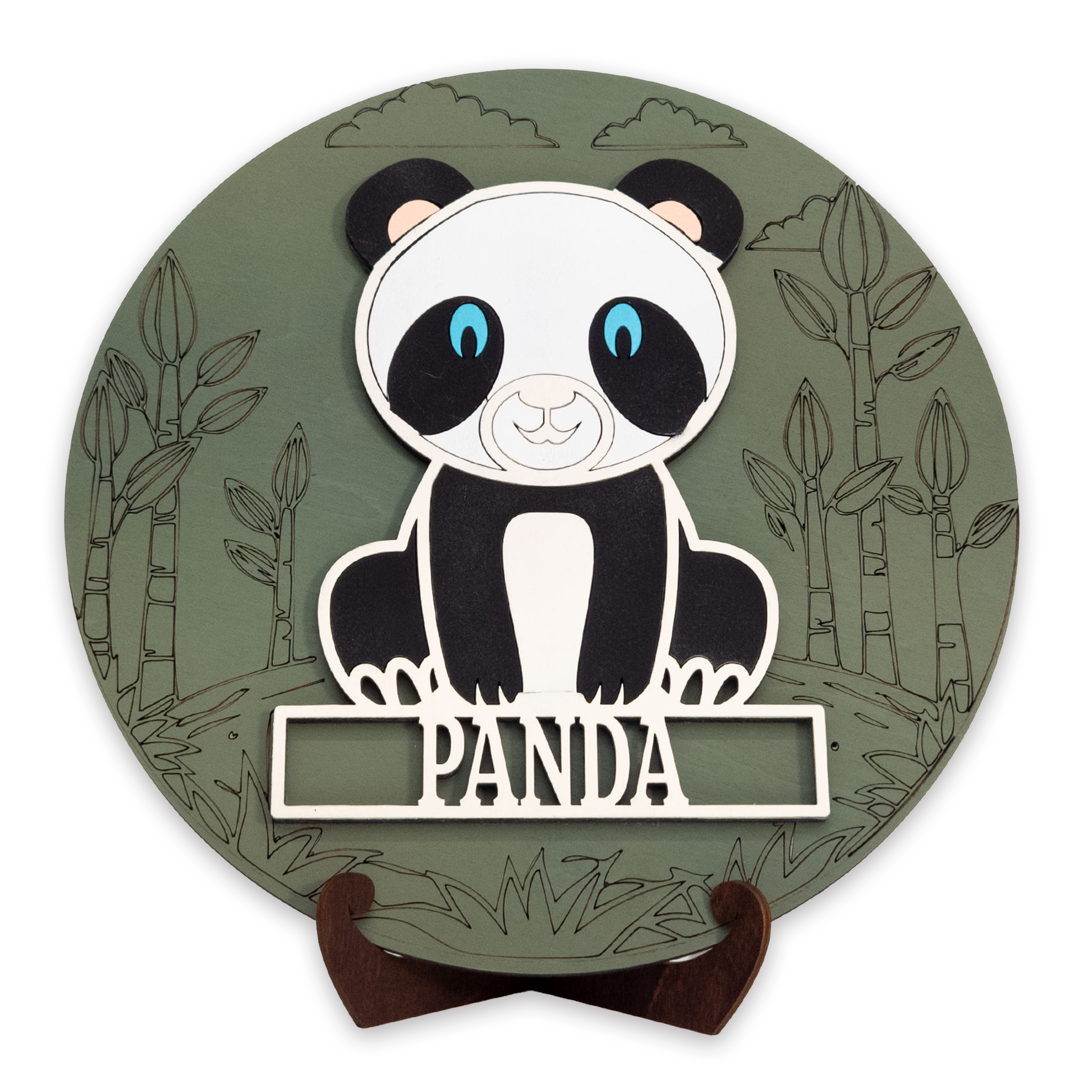 Multilayer 3D laser-cut panda name sign wall art, Baltic Birch Plywood