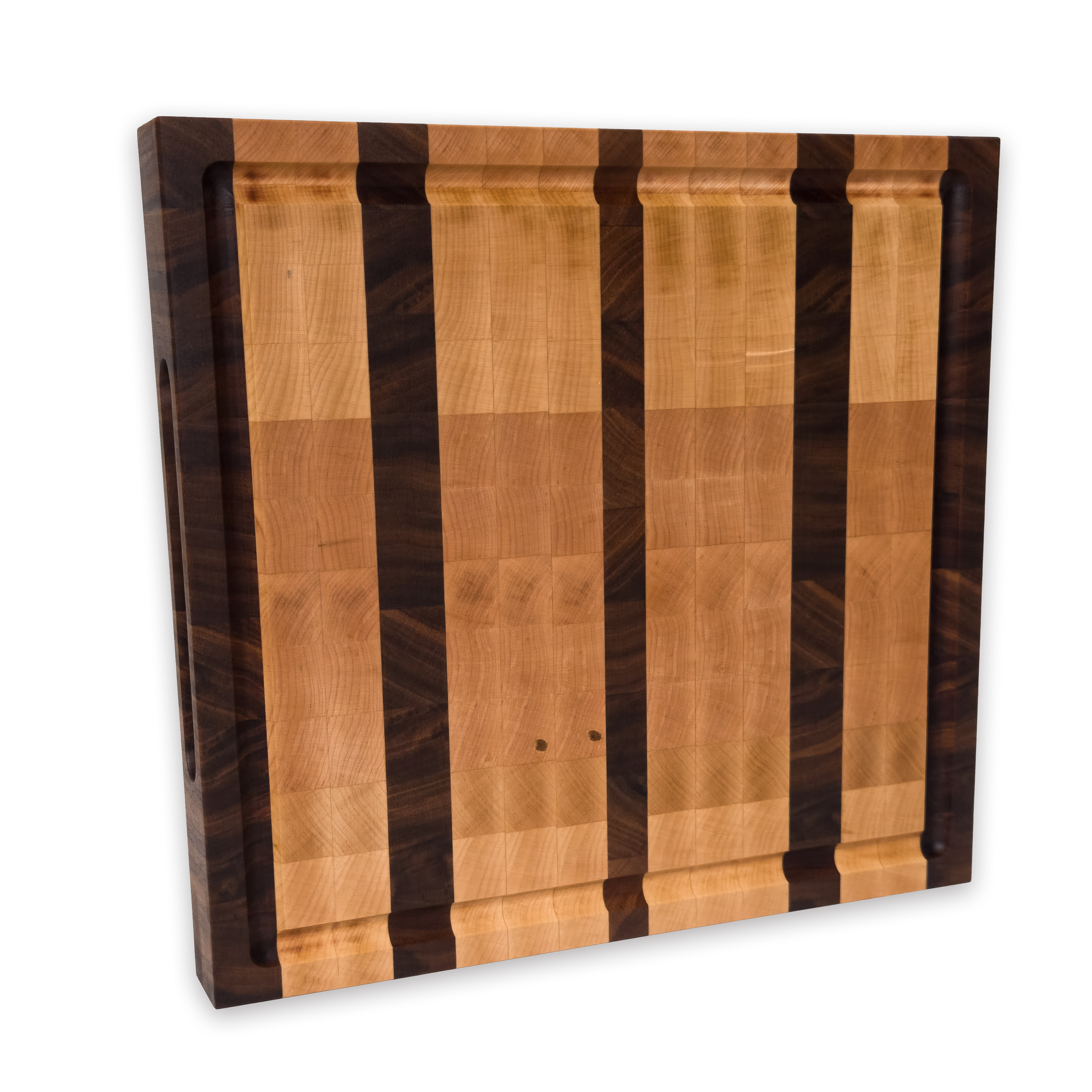 Maple and walnut end grain butcher block cutting board with juice groove
