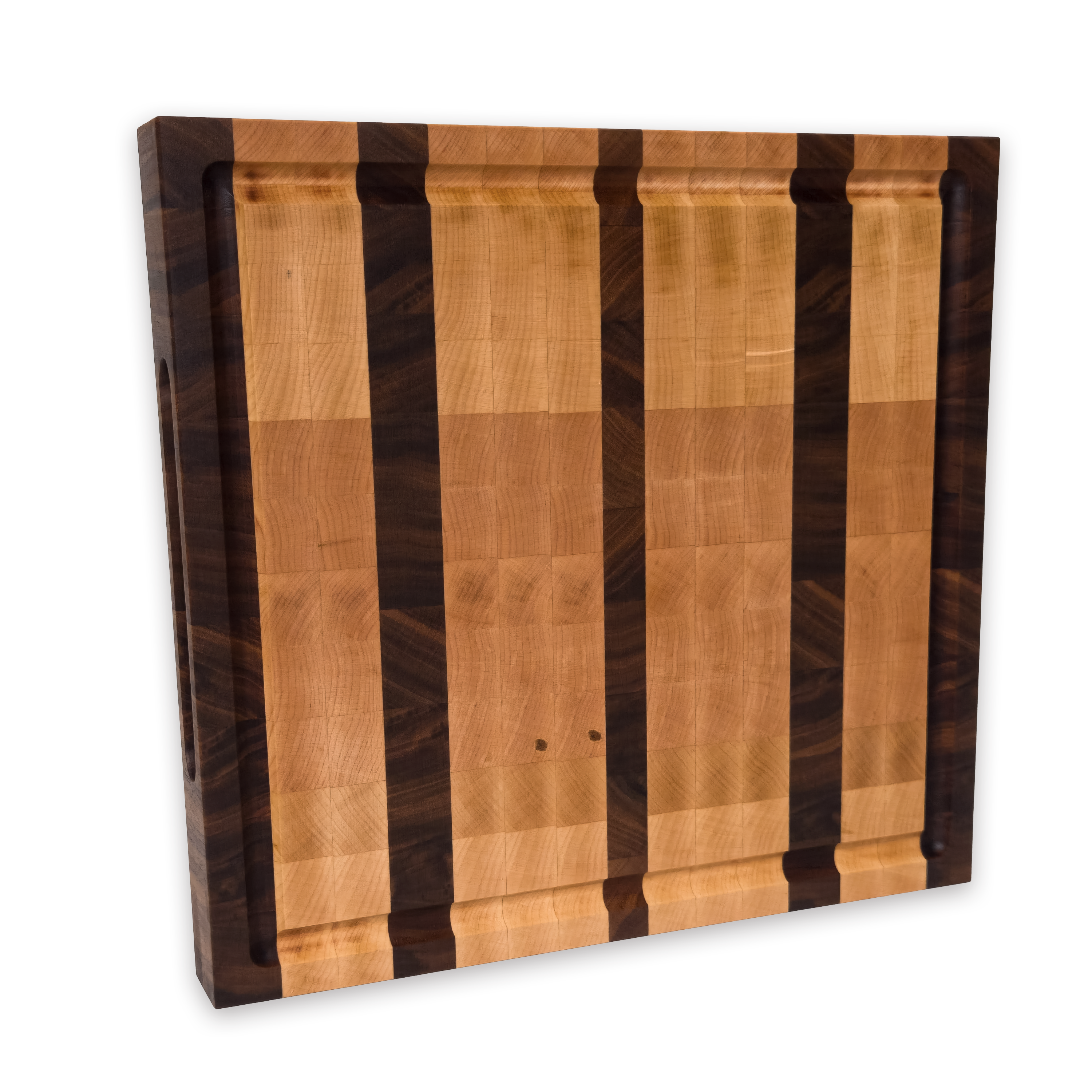 Maple and walnut end grain butcher block cutting board with juice groove
