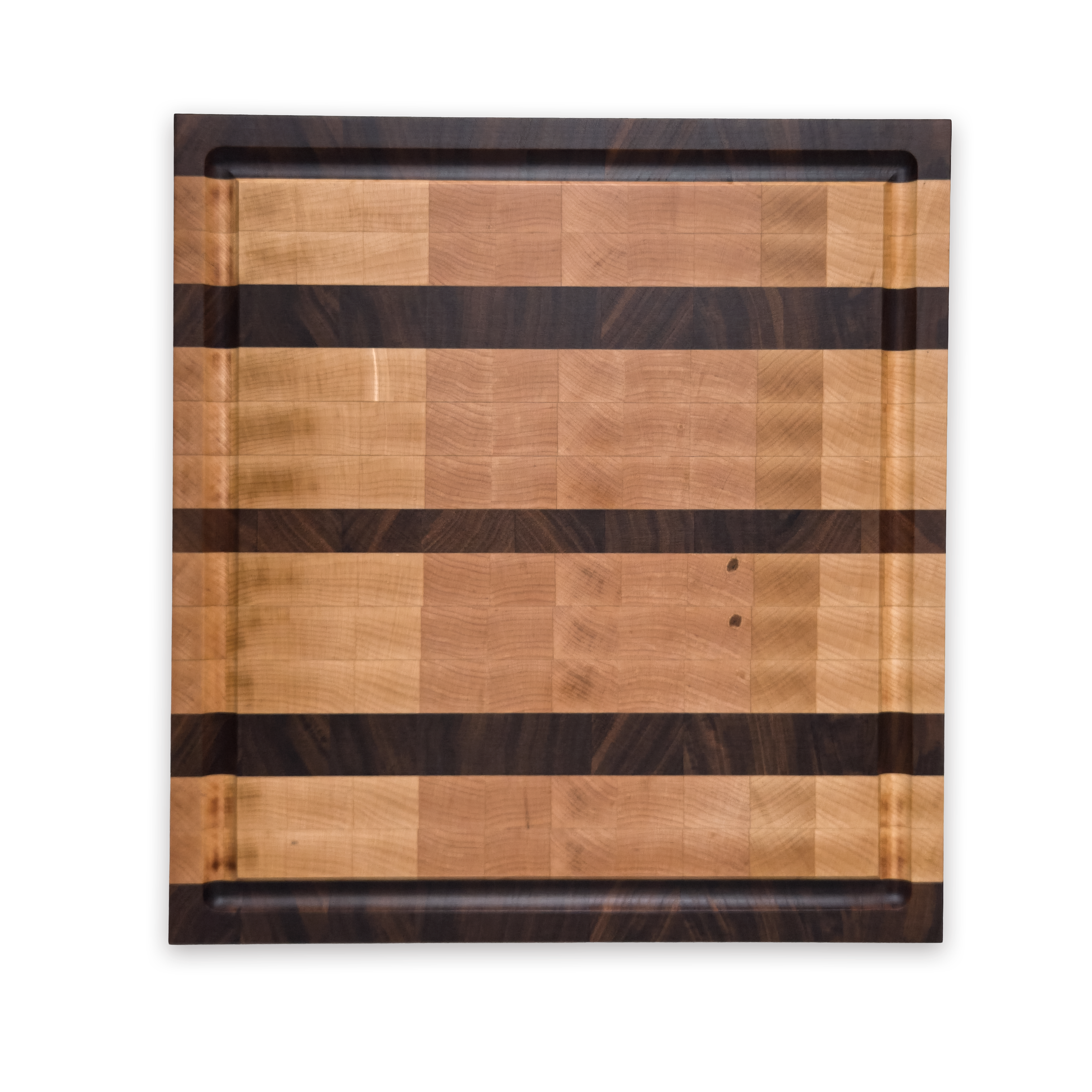 Maple and walnut end grain butcher block cutting board with juice groove