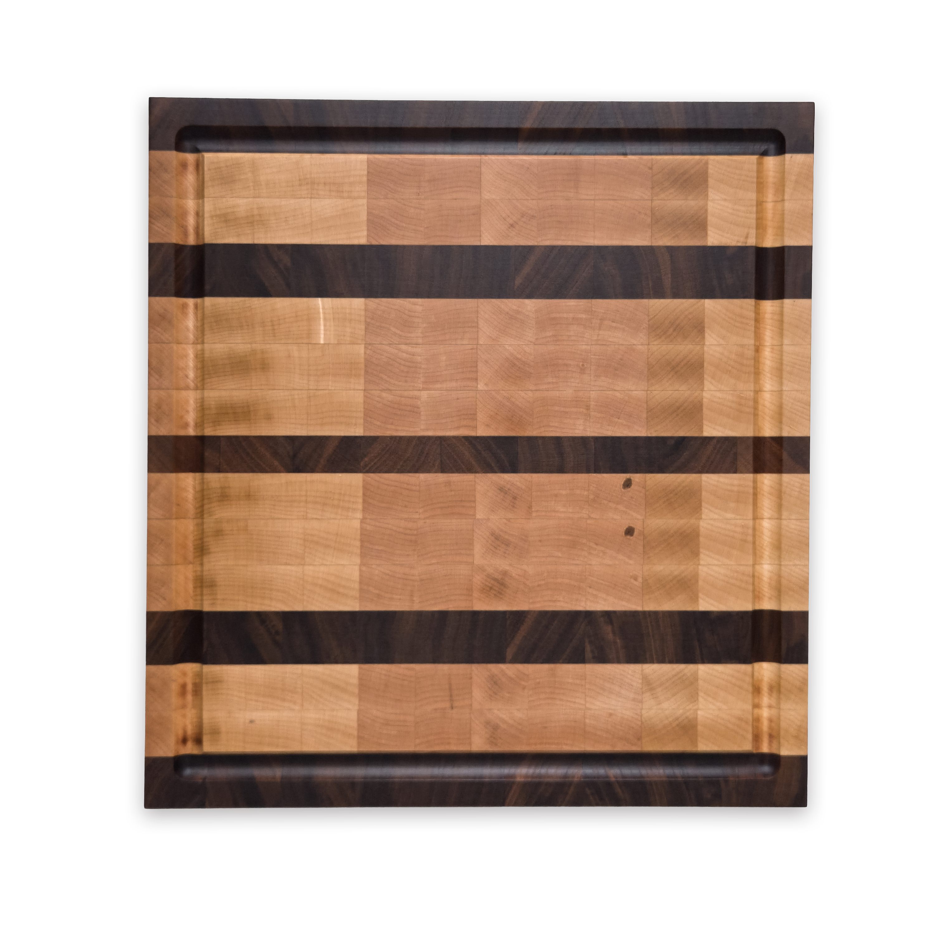 Maple and walnut end grain butcher block cutting board with juice groove