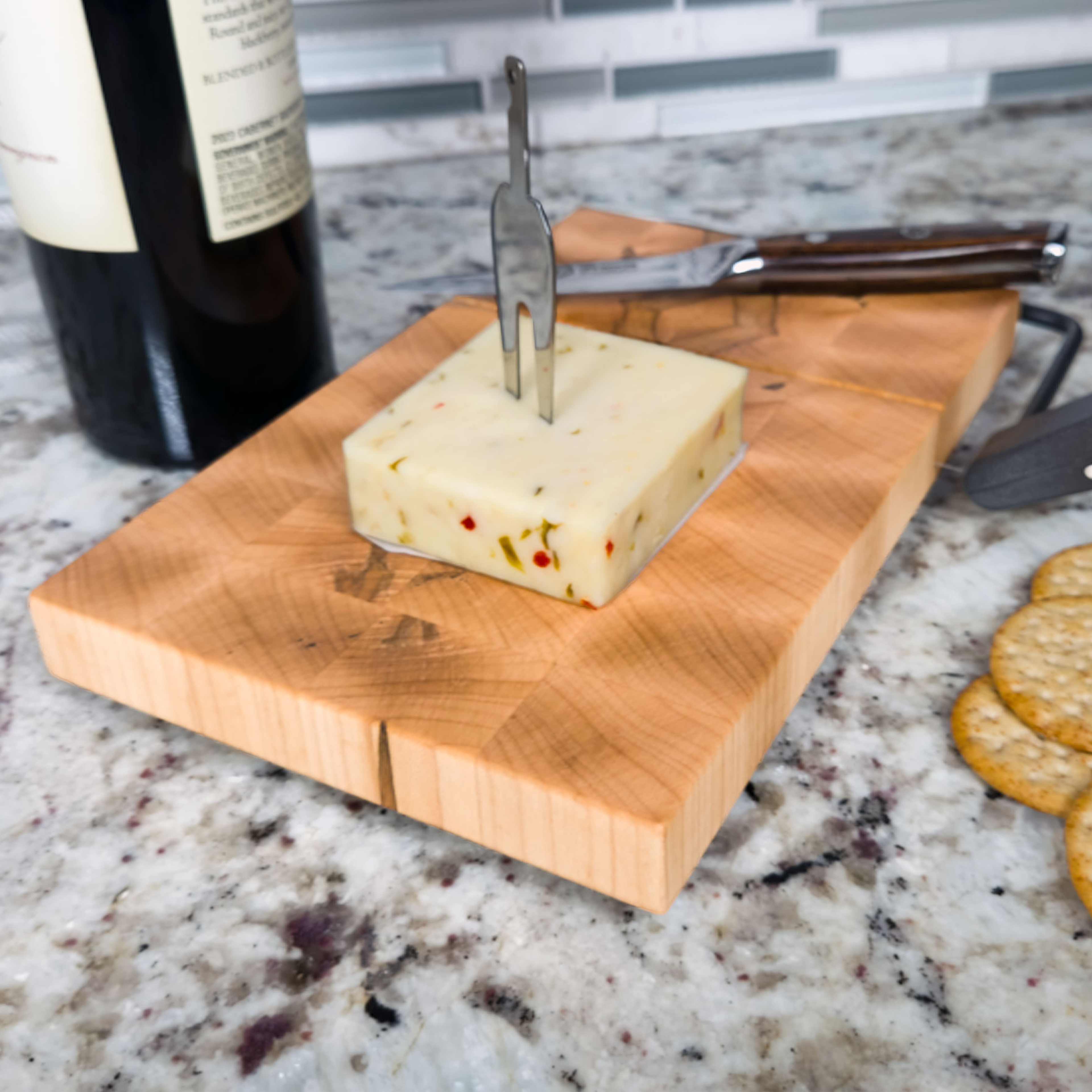 End grain spalted maple cheese slicer board with wire cutter, oiled hardwood