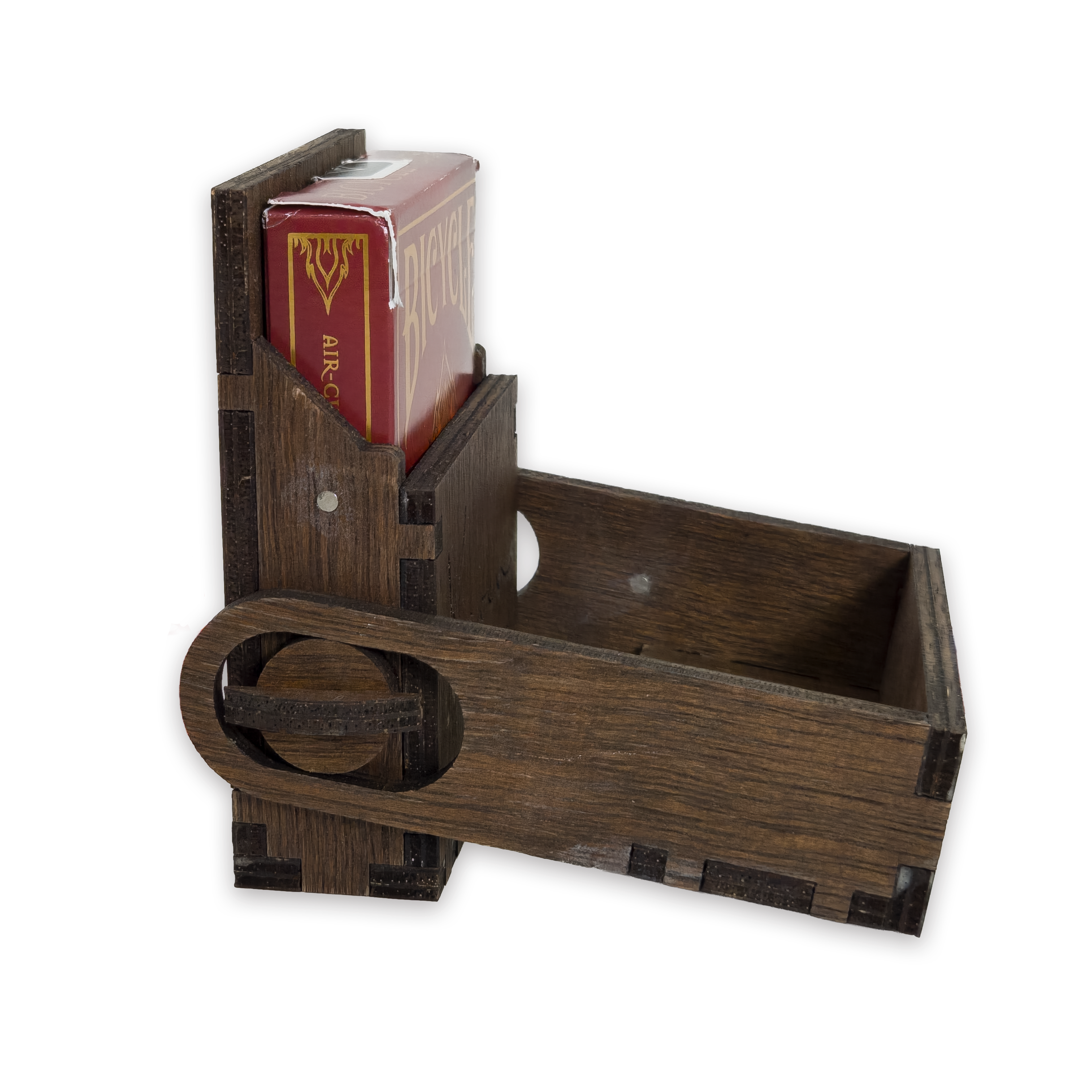 Laser-cut playing card box, dark-walnut-stained birch plywood